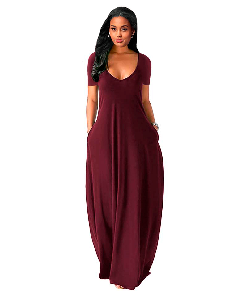 Maxi vestido slip elegante casual noche largo, dama mujer xally 170 escote redondo bolsas mangas cortas