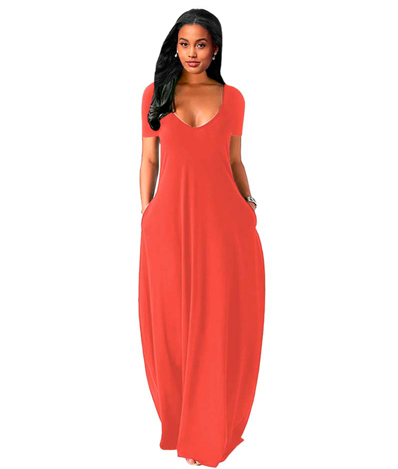 Maxi vestido slip elegante casual noche largo, dama mujer xally 170 escote redondo bolsas mangas cortas