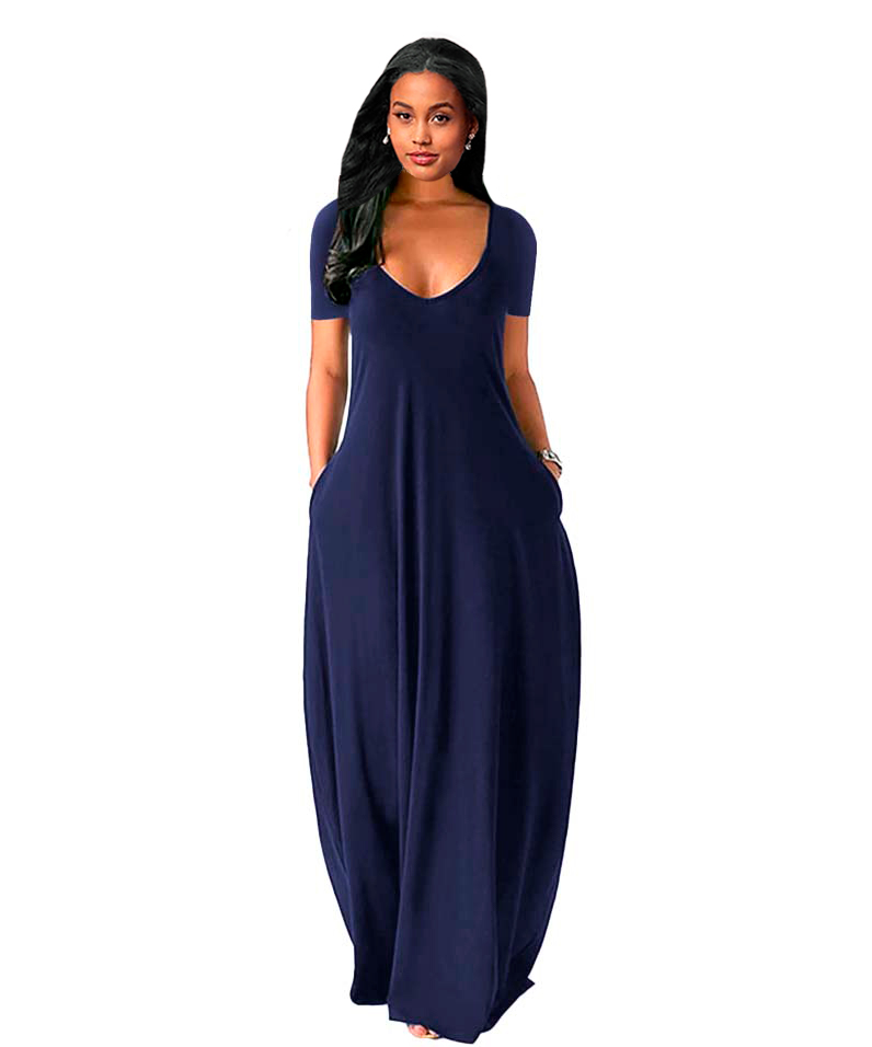 Maxi vestido slip elegante casual noche largo, dama mujer xally 170 escote redondo bolsas mangas cortas