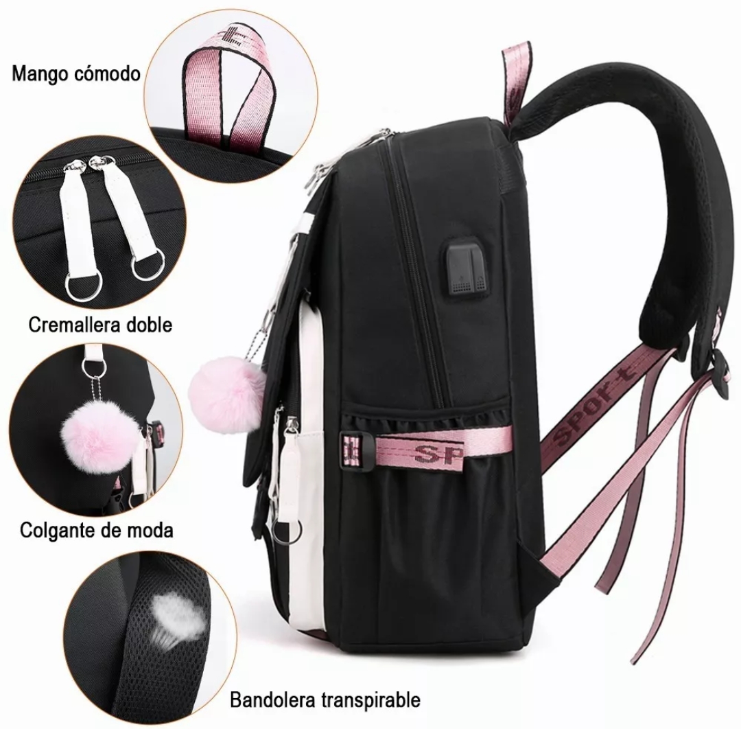 Mochila Kawaii Estilo Coreano Juvenil Moda Con Puerto Usb