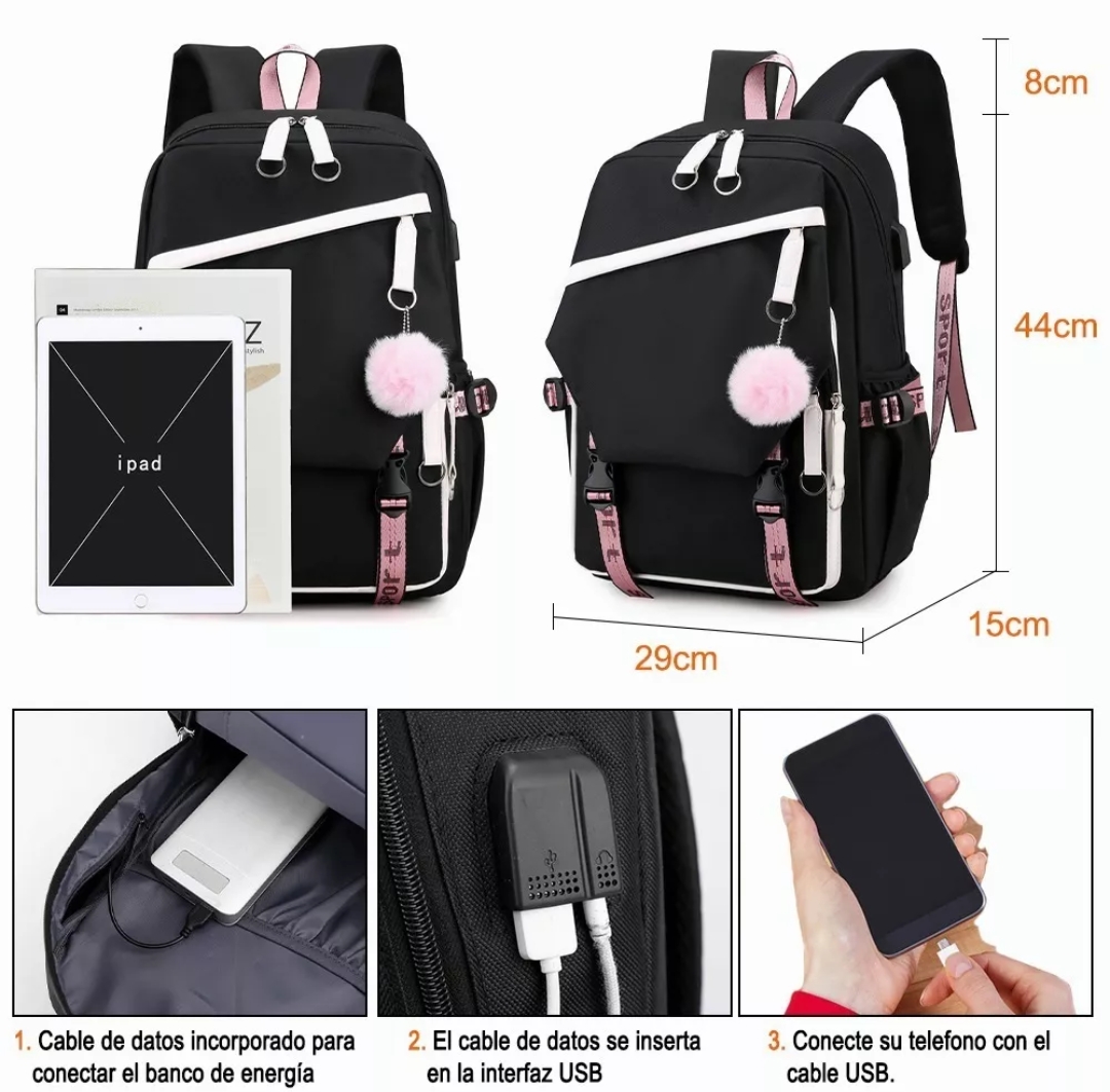 Mochila Kawaii Estilo Coreano Juvenil Moda Con Puerto Usb