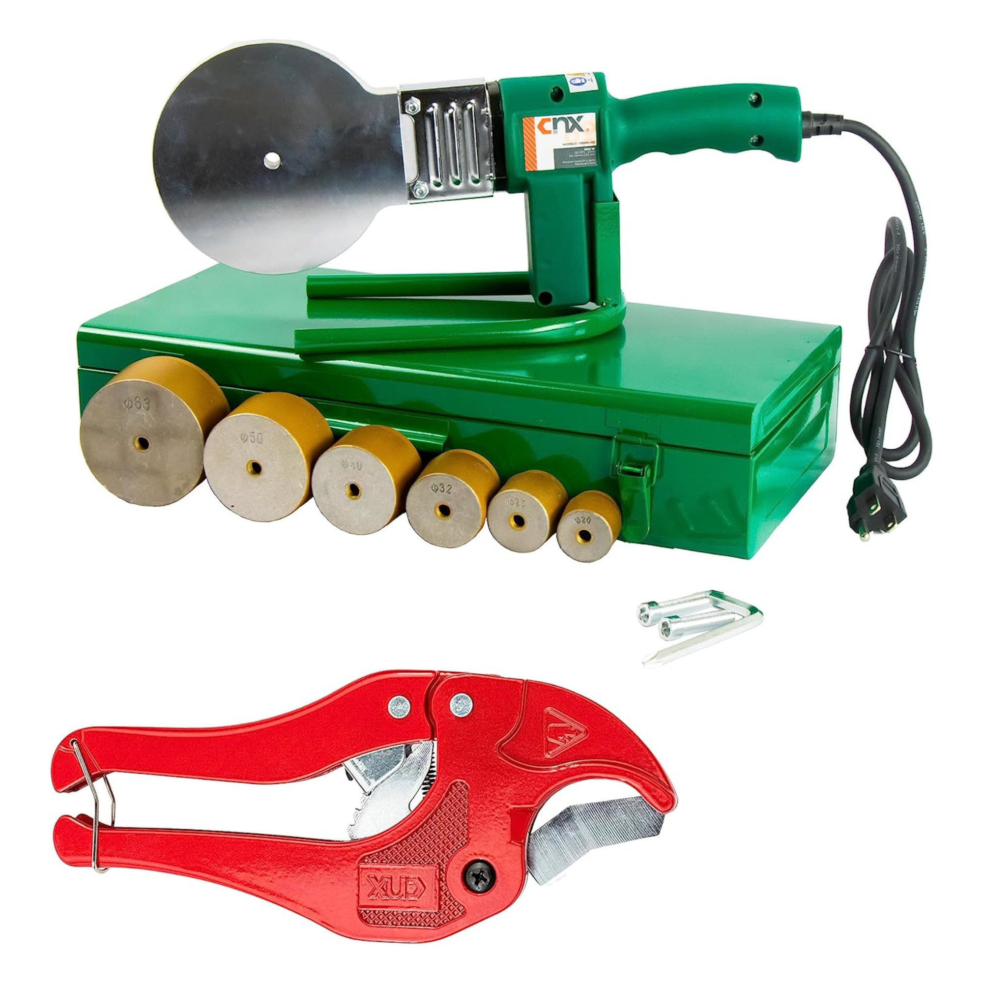 CNX Termofusora 1000W, 110 V, Incluye 6 Dados (Medidas: 20mm, 25mm, 32 mm, 40mm, 50mm y 63mm), Termofusora para PVC, CPVC Y PP-R con Maletín para Fácil Transporte, Incluye Tijeras para Cortar Tubo