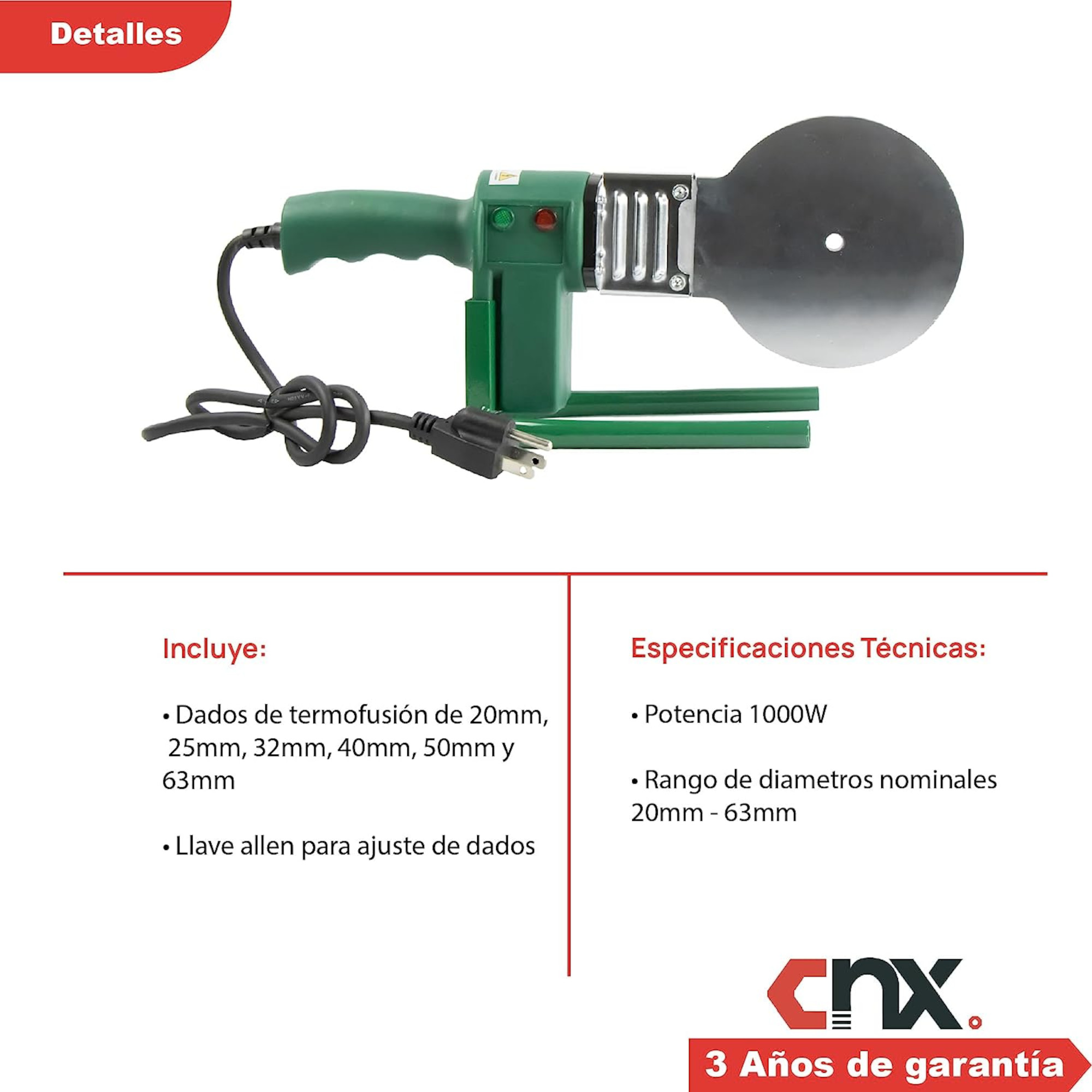 CNX Termofusora 1000W, 110 V, Incluye 6 Dados (Medidas: 20mm, 25mm, 32 mm, 40mm, 50mm y 63mm), Termofusora para PVC, CPVC Y PP-R con Maletín para Fácil Transporte, Incluye Tijeras para Cortar Tubo