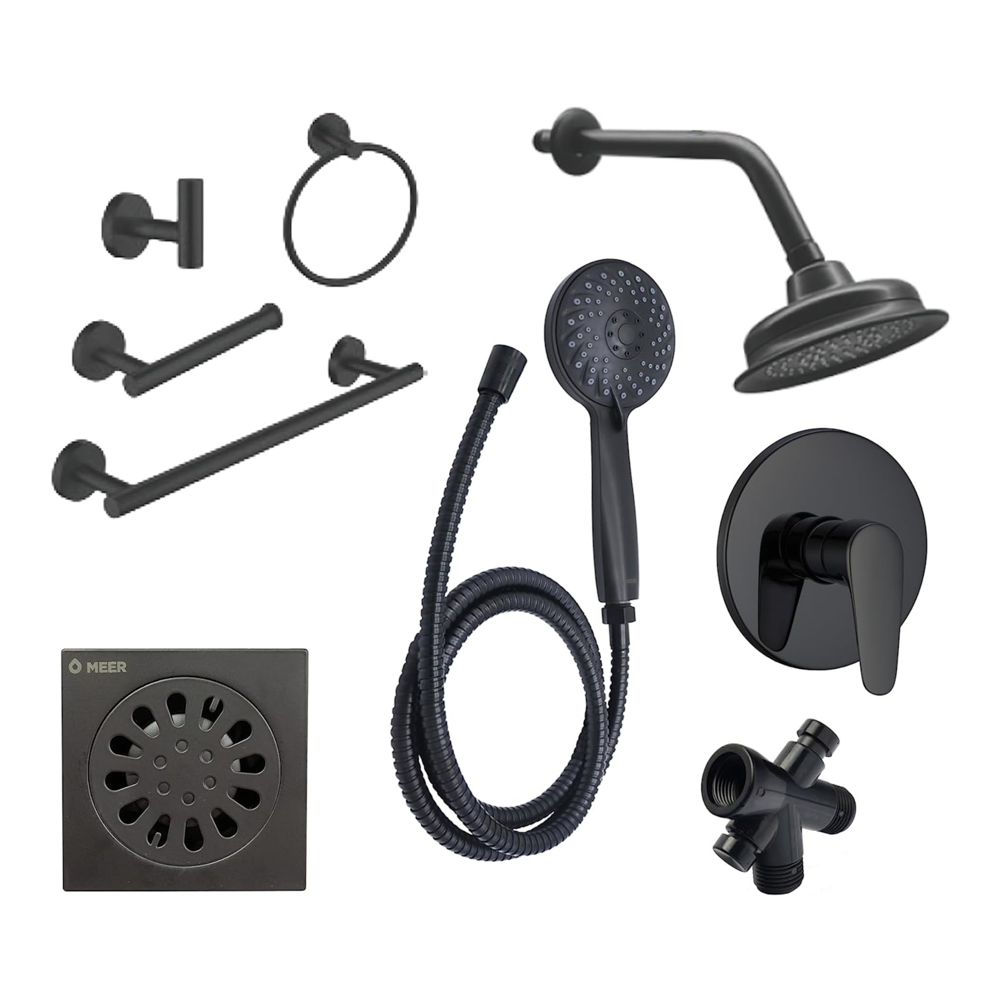 Kit Accesorios Para Baño + Mezcladora En Color Negro Mate. Incluye