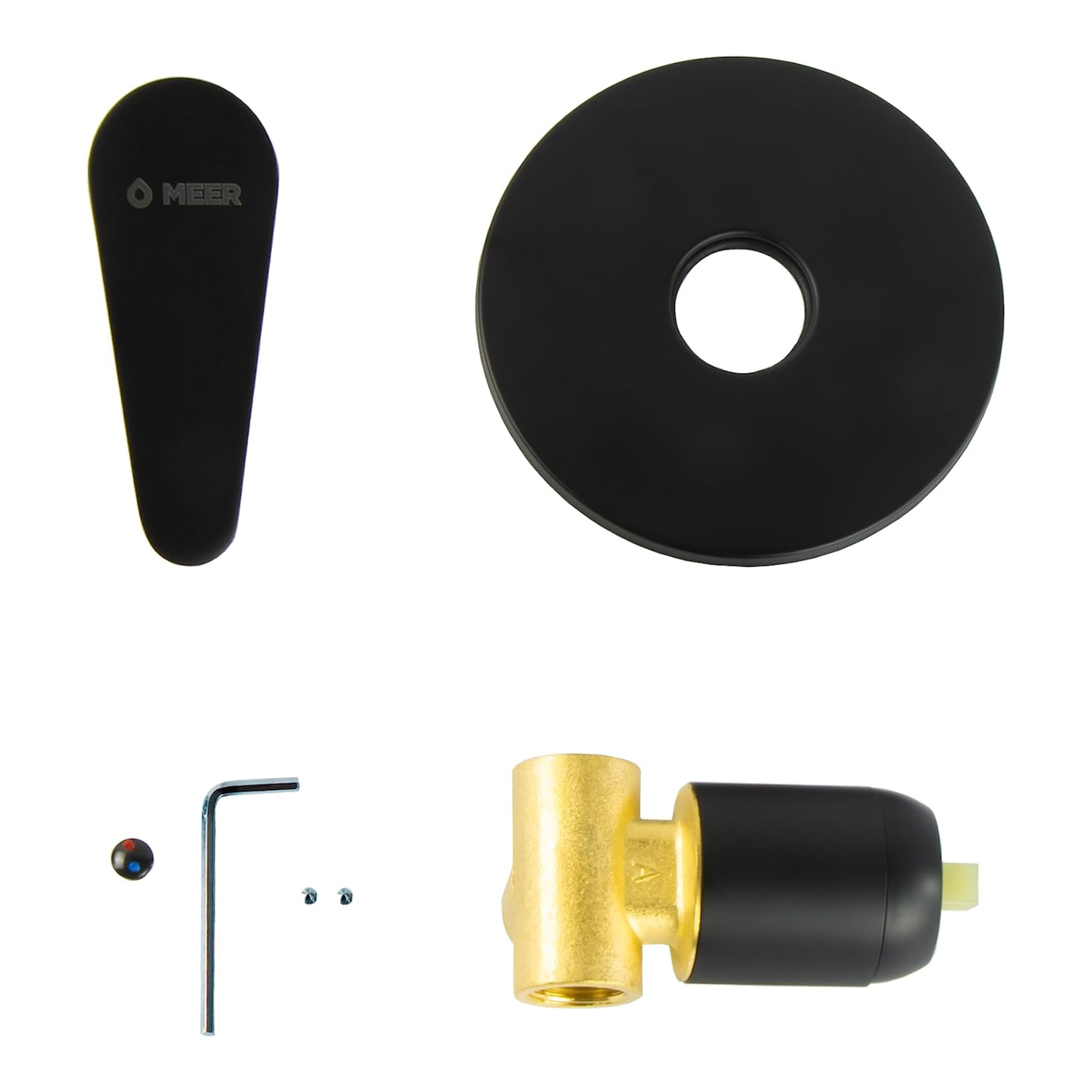 Meer Faucets by CNX - Kit Completo de Regadera y Accesorios para Baño Negro Mate - Incluye Regadera con Cuello, Telefono, Mezcladora, Resumidero, Desviador, Portarollos de Papel y 3 Toalleros