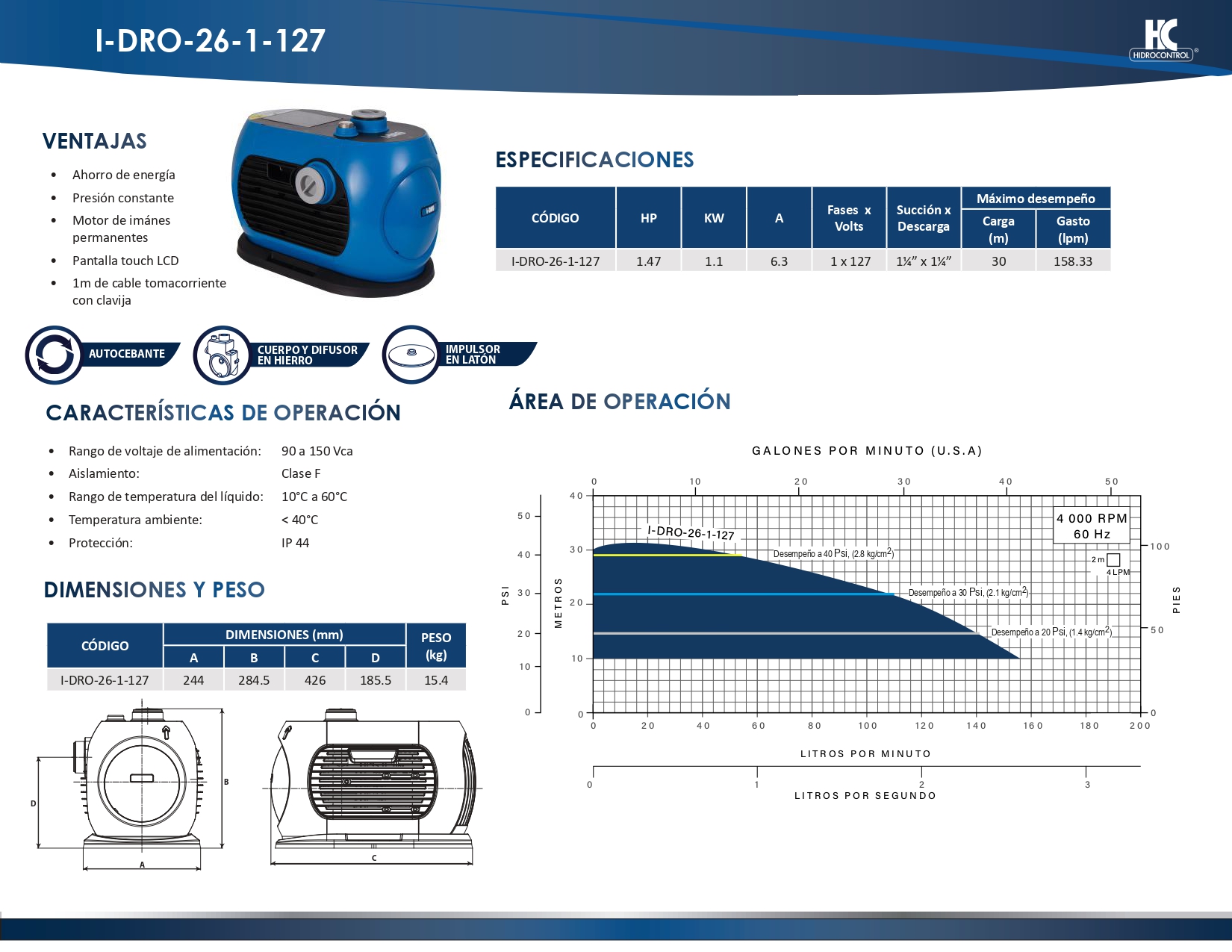 Sistema de Presurización Inteligente HIDROCONTROL 1.47 HP, 1 F , 127 Volts (I-DRO-25-1-127)