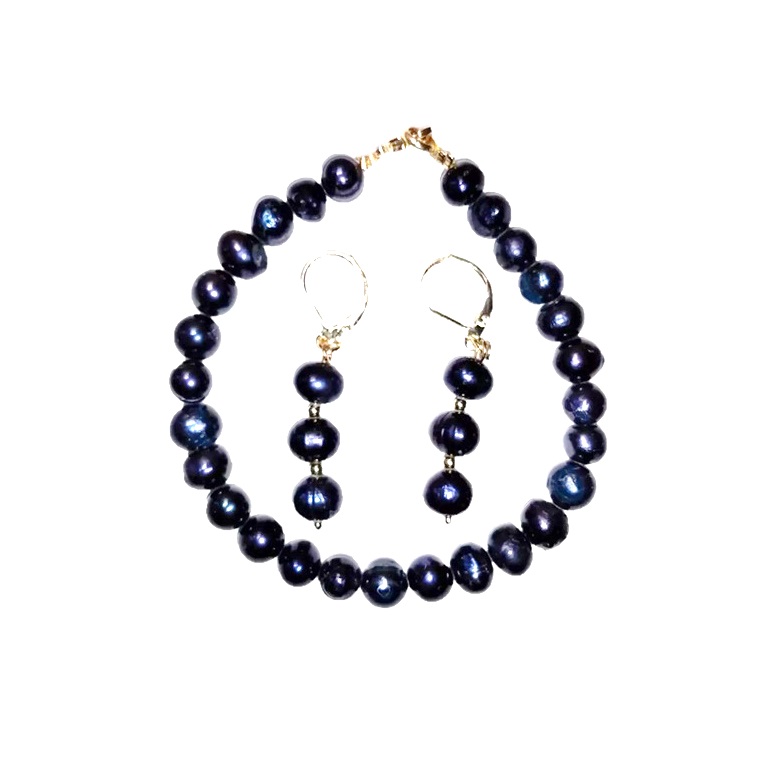 Set Collar Pulsera Aretes Con Perlas Cultivadas Negras A063