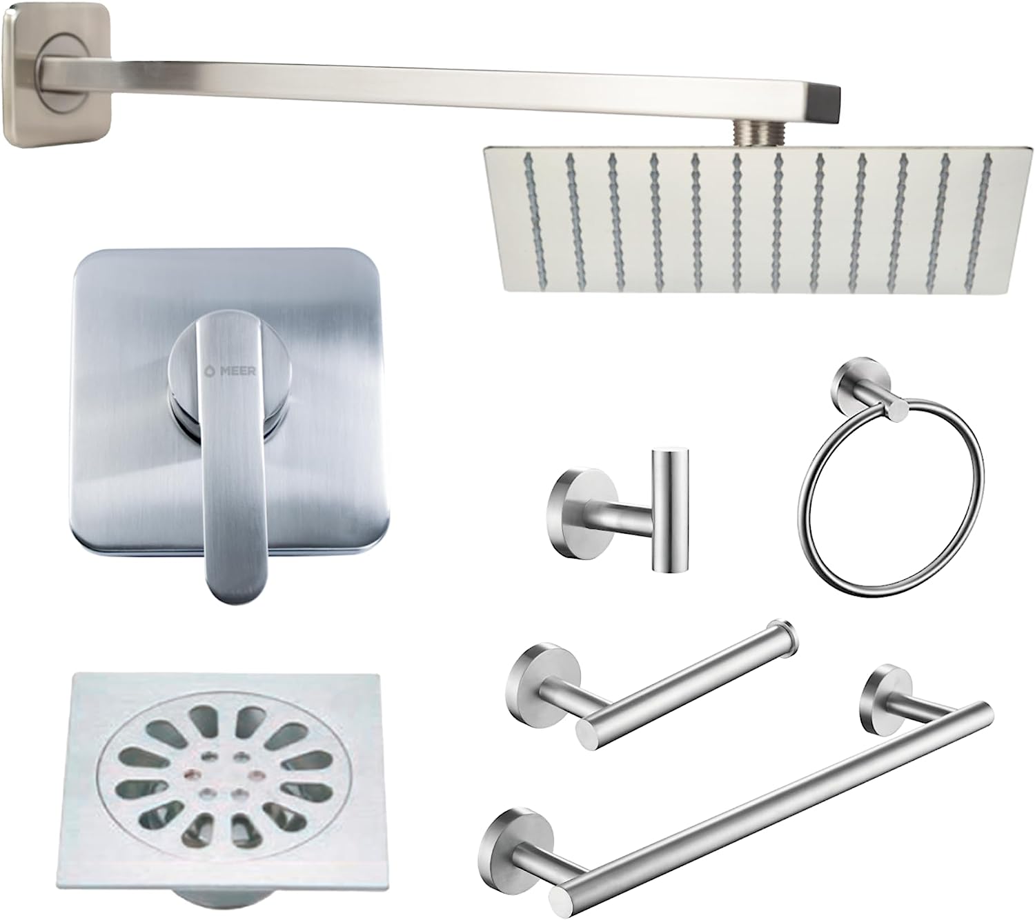 Meer Faucets by CNX - Kit Completo de Regadera y Accesorios para Baño Satinado- Incluye Regadera con Cuello, Mezcladora, Resumidero, Portarollos de Papel y 3 Toalleros