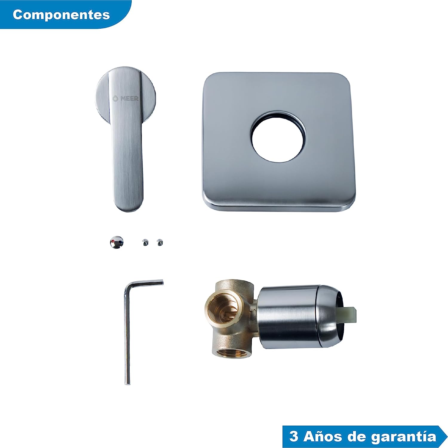 Meer Faucets by CNX - Kit Completo de Regadera y Accesorios para Baño Satinado- Incluye Regadera con Cuello, Mezcladora, Resumidero, Portarollos de Papel y 3 Toalleros