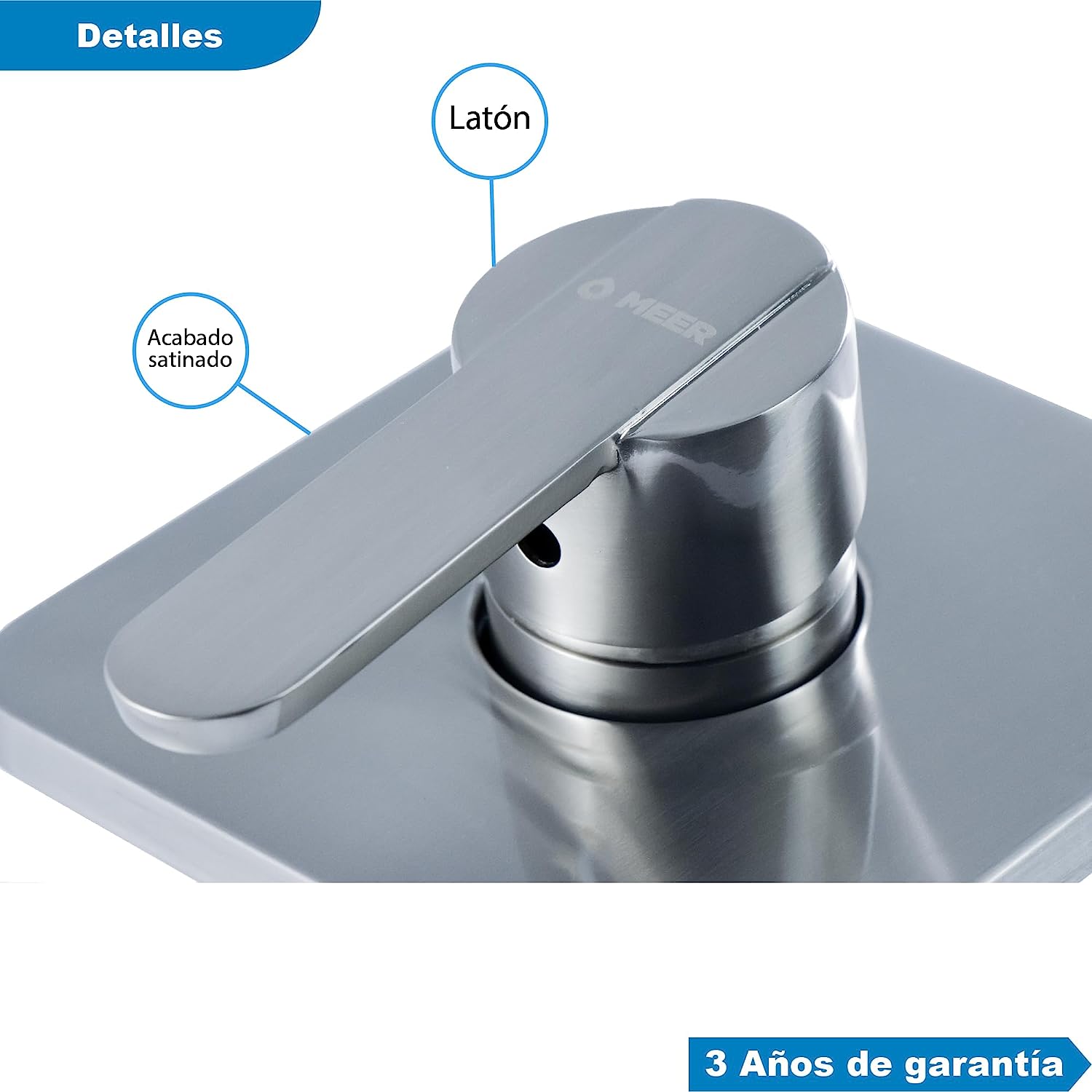 Meer Faucets by CNX - Kit Completo de Regadera y Accesorios para Baño Satinado- Incluye Regadera con Cuello, Mezcladora, Resumidero, Portarollos de Papel y 3 Toalleros