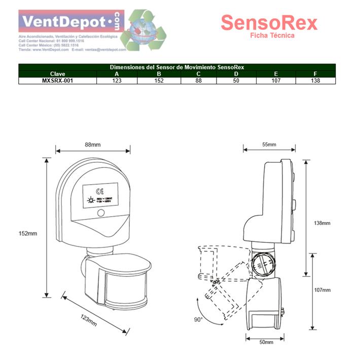 Sensores de Movimiento para Muro, MXSRX-001-11, 1 Hasta 11m,Vel, 0,6 a 1,5 metros por segundo, 5 a 480s, Carga 800W, 90 a 130V,50 y 60Hz, SensoRex