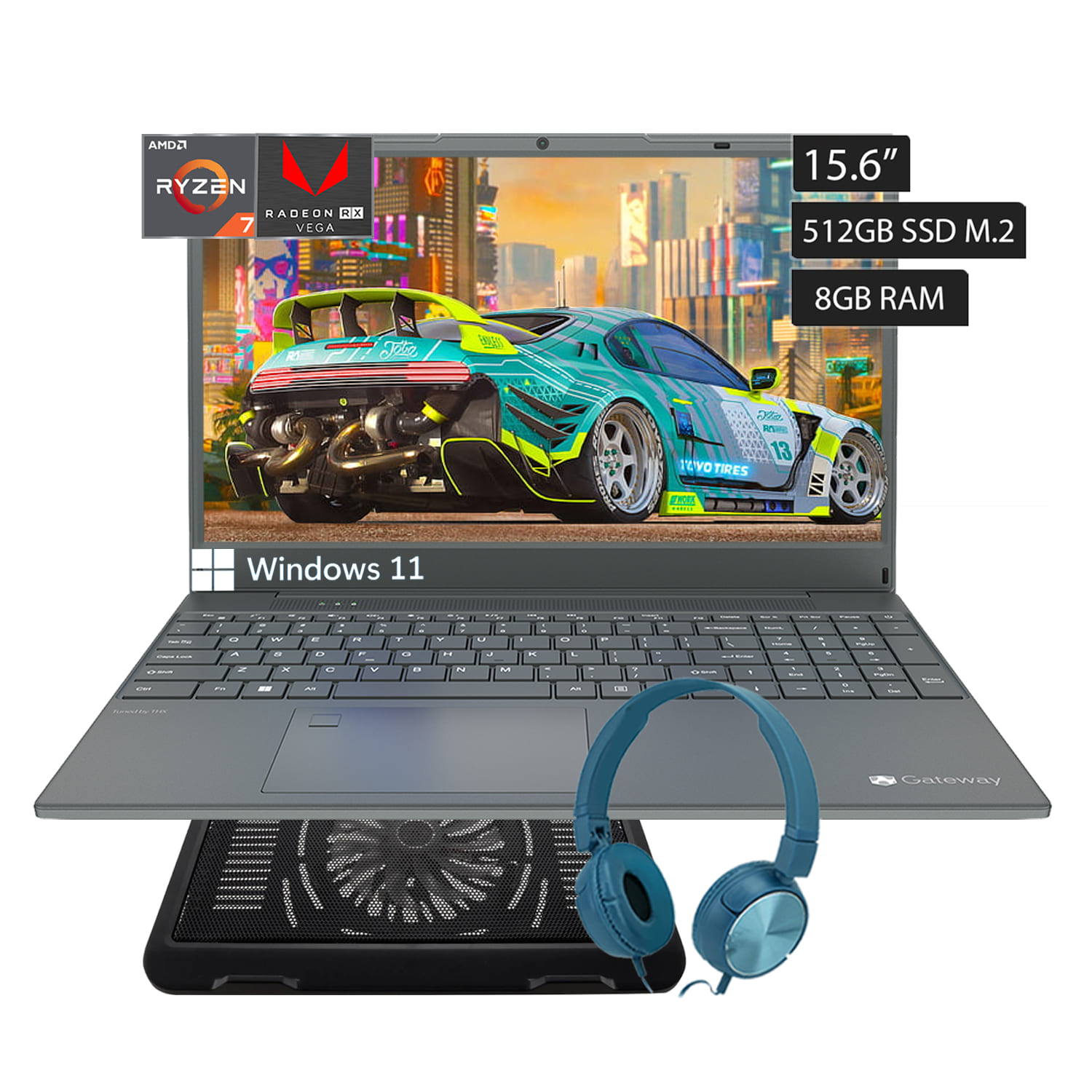 Laptop Gateway Ryzen 7-3700U Disco de Estado Solido 512GB Ram 8GB pantalla 15.6 Pulgadas -Gris + Base + Audifono