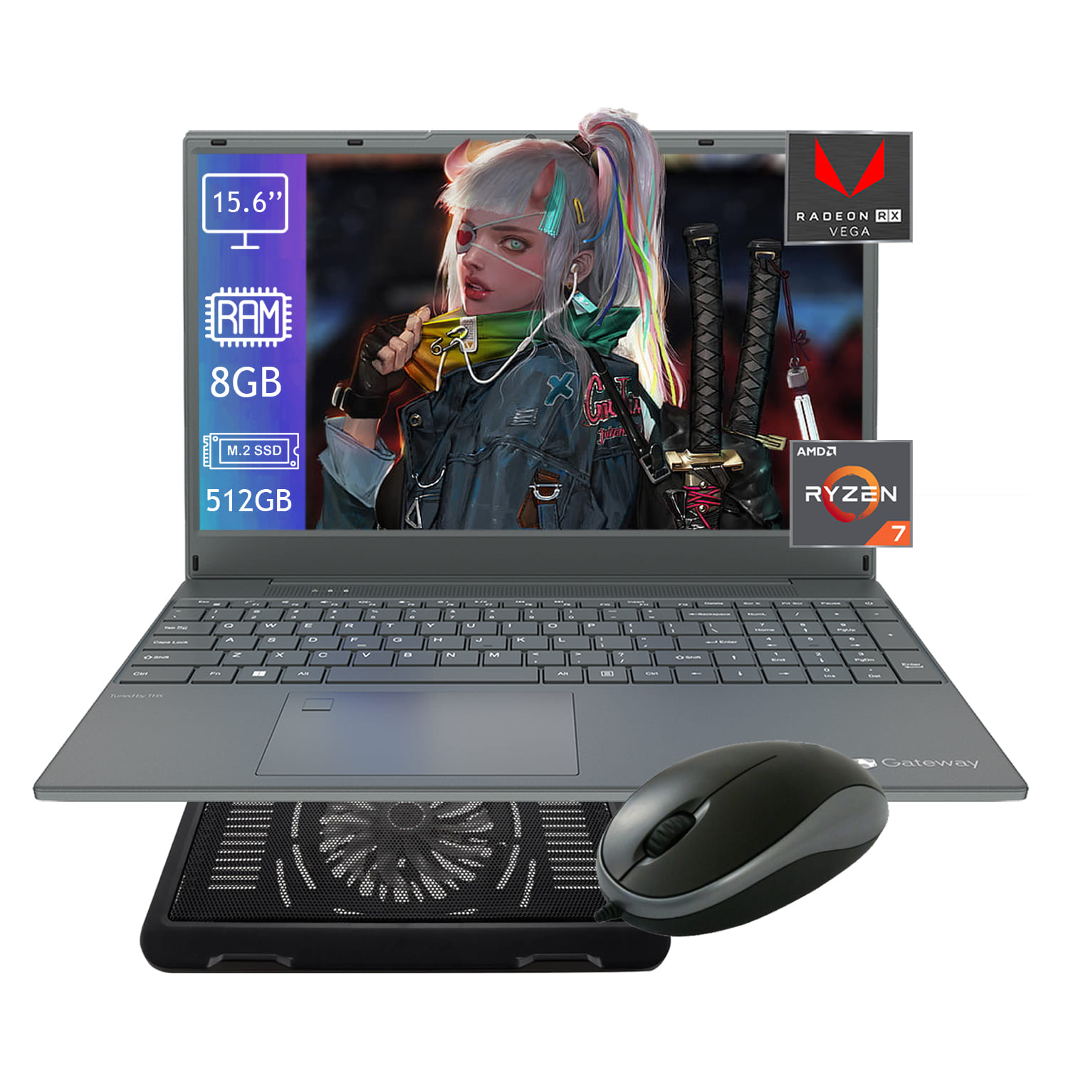 Laptop Gateway Ryzen 7-3700U Disco de Estado Solido 512GB Ram 8GB pantalla 15.6 Pulgadas -Gris + Base + Mouse