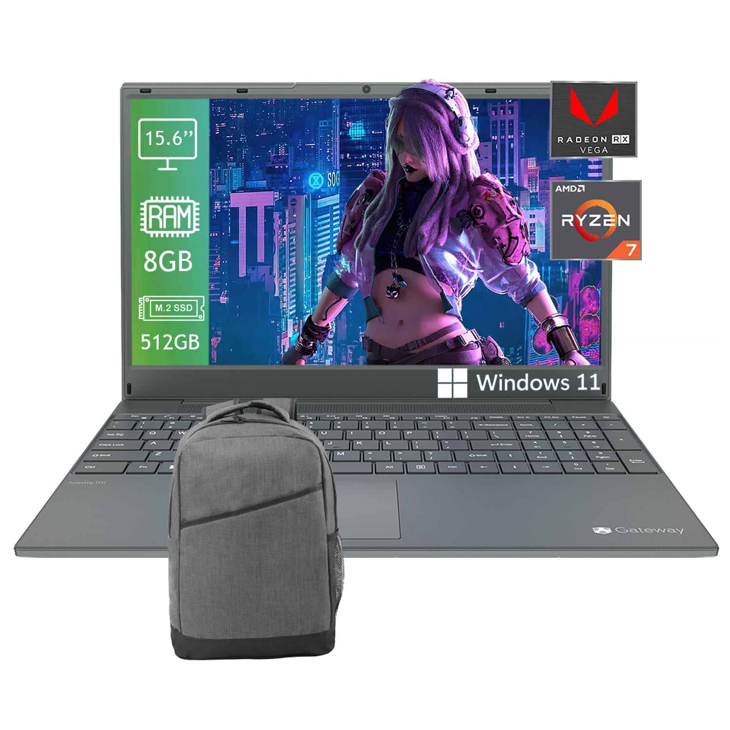 Laptop Gateway Ryzen 7-3700U Disco de Estado Solido 512GB Ram 8GB pantalla 15.6 Pulgadas -Gris + Mochila