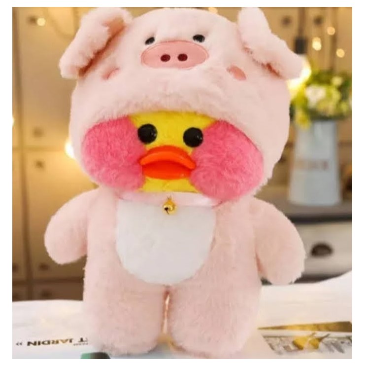 Peluche de Pato Lalafanfan 30cm, vestido de cerdito