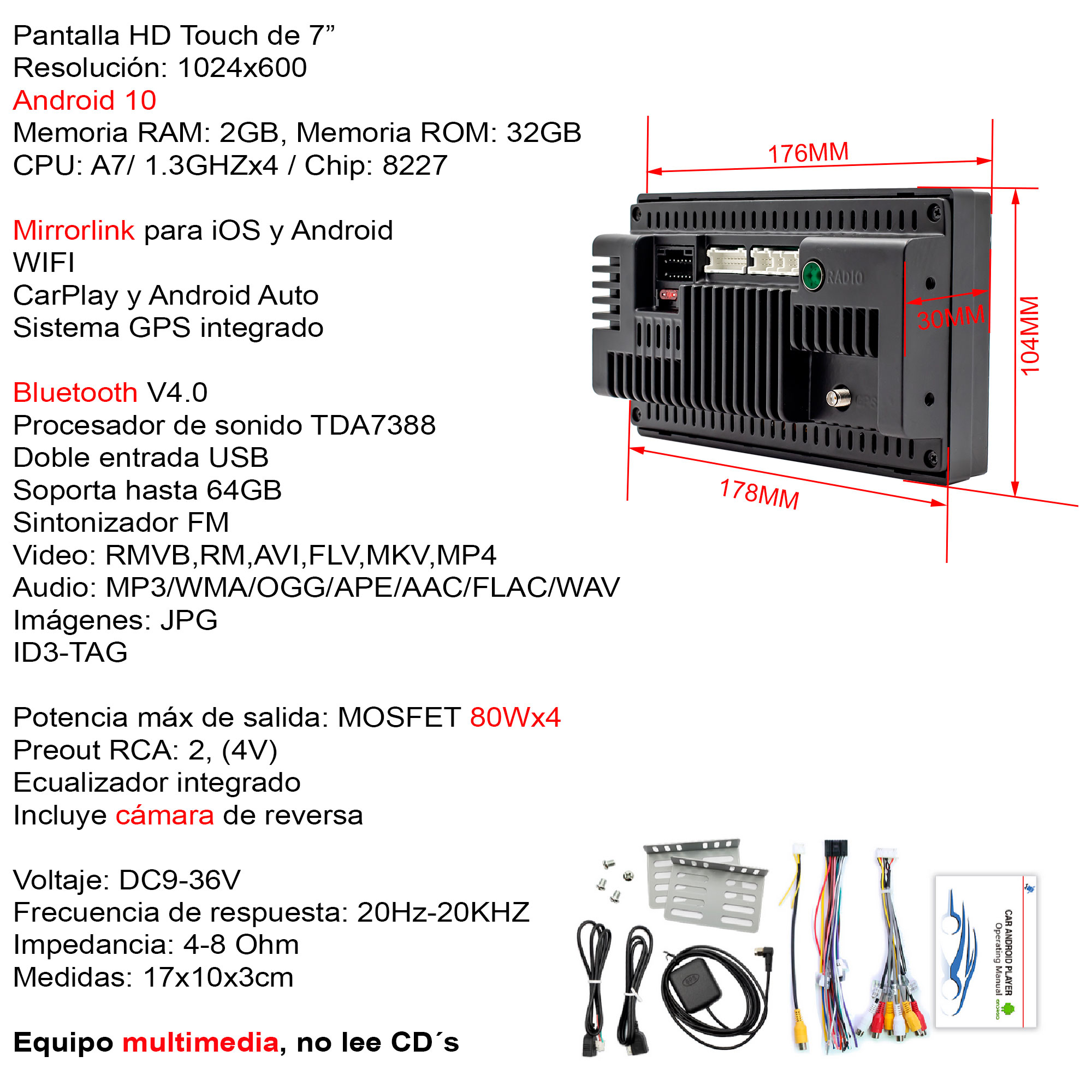 AUTOESTEREO VAK 1269 2 DIN ANDROID GPS WIFI CAR PLAY CAMARA BLUETOOTH.