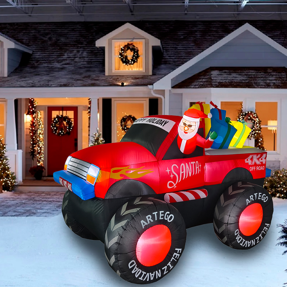 Inflable de Navidad Monster Truck Camioneta pick up de Santa con regalos - 2.2m