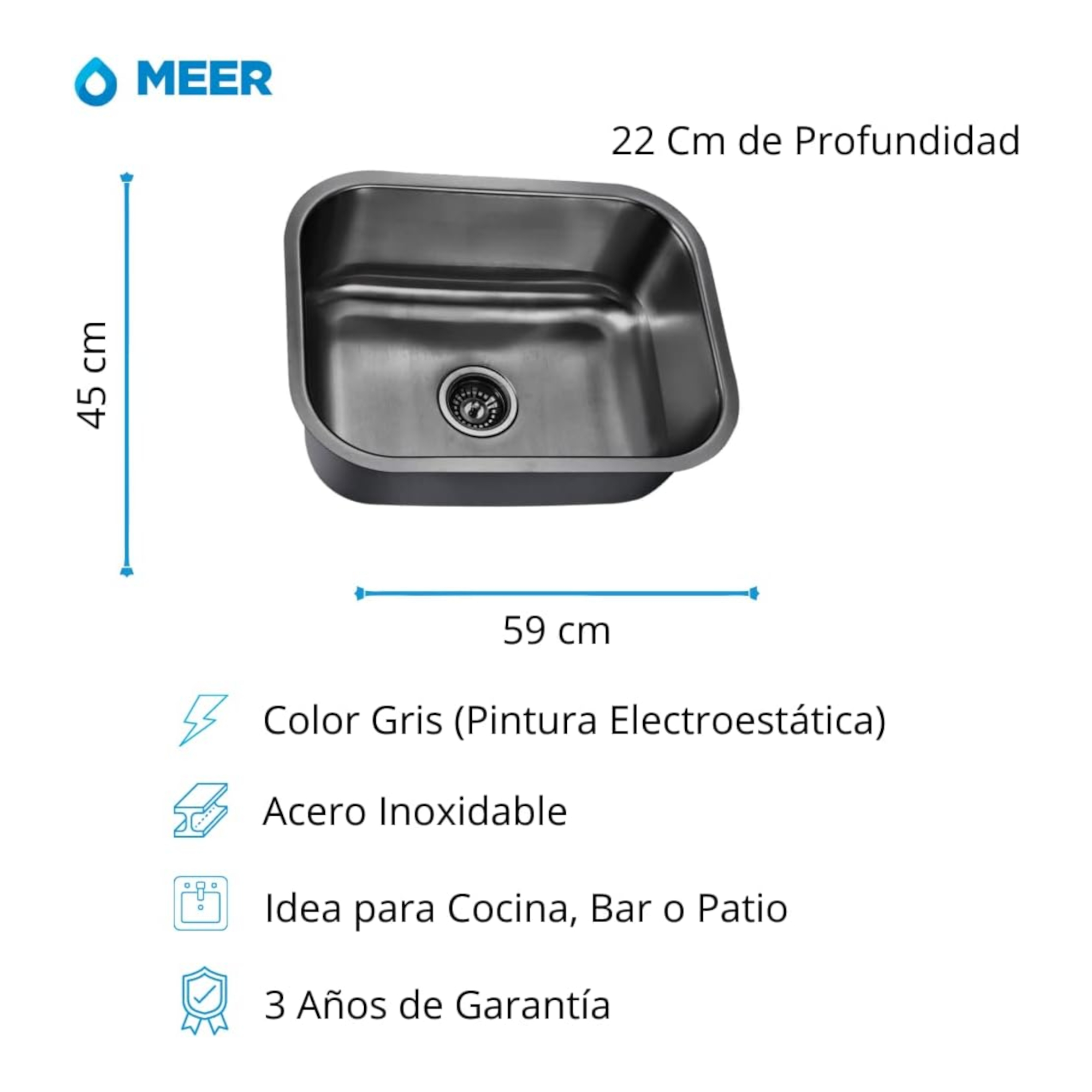 CNX Tarja Sencilla de Acero Inoxidable (59 cm x 45 cm), Incluye Mezcladora Monomando y Kit de Instalación .