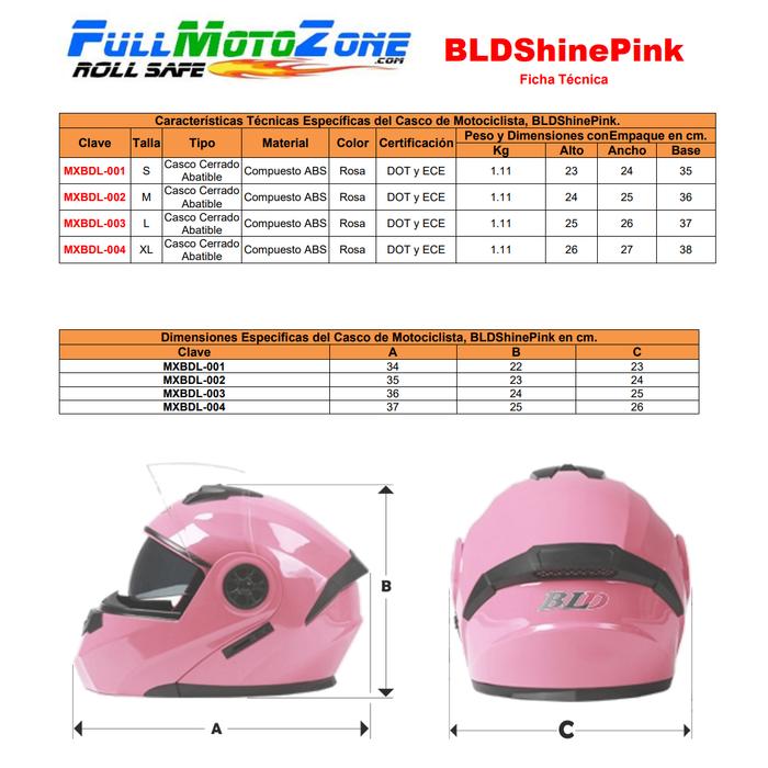 Casco Certificado DOT MXBDL-001-3 1Pza Rosa DOT Talla S Abatible Casco Motociclista BLDShinePink