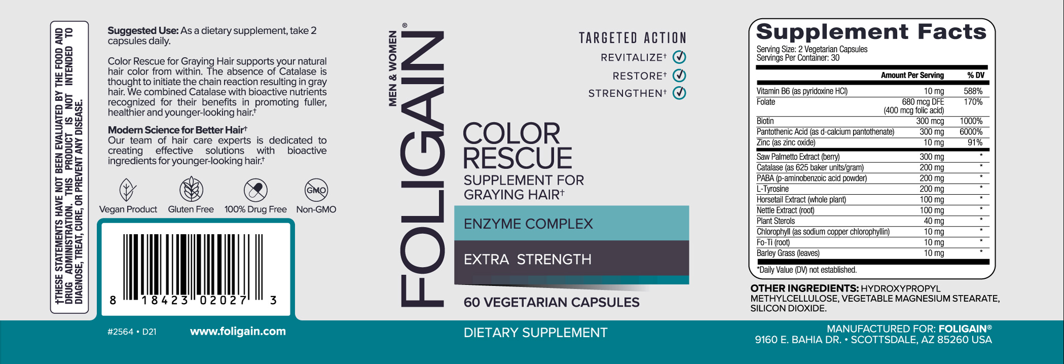 Foligain color rescue anti canas 60 capsulas para mejorar el aspecto del cabello canoso.