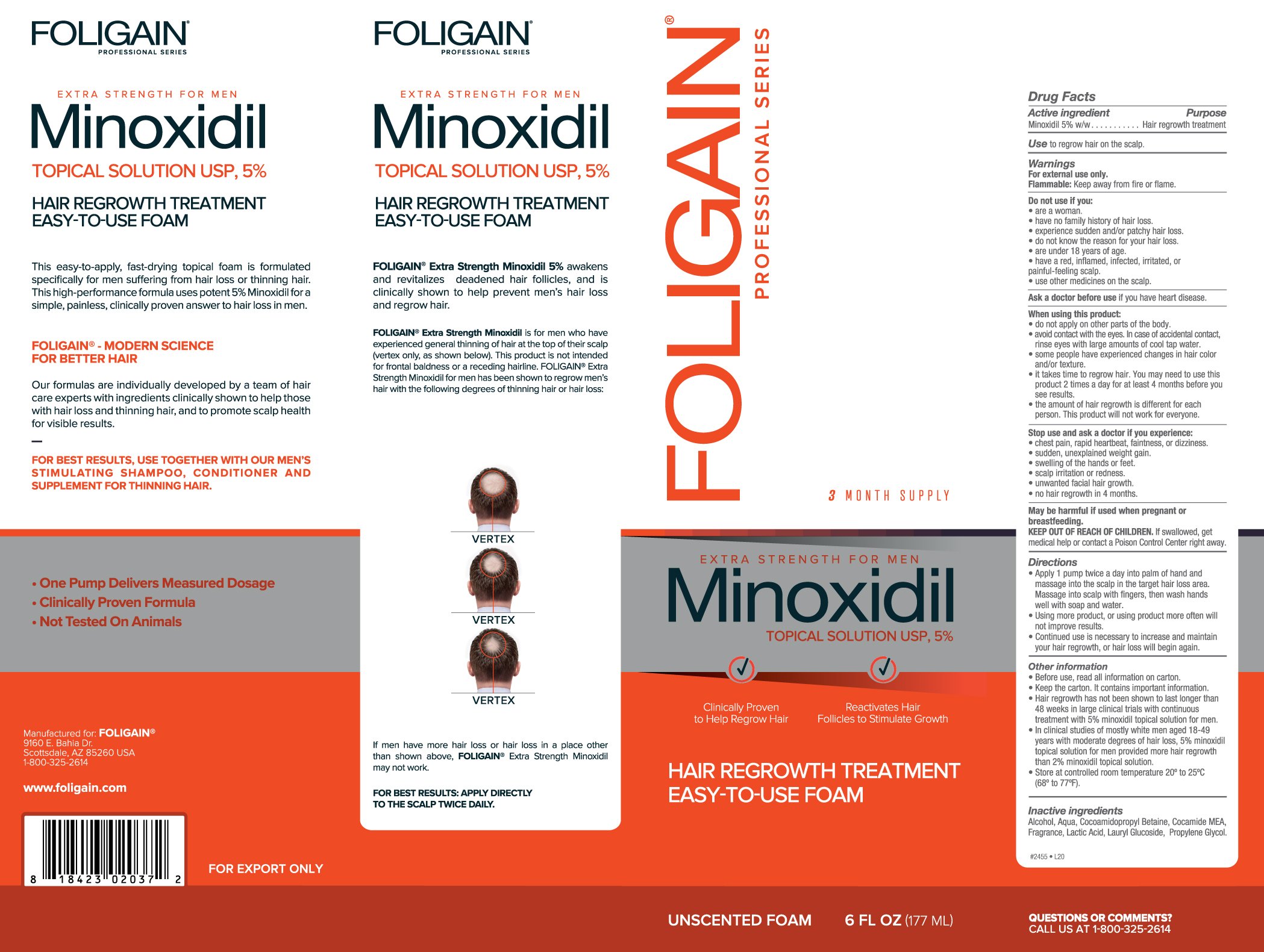 Foligain Espuma minoxidil 5% para hombres con cabello fino o alopecia espuma para 3 meses de tratamiento