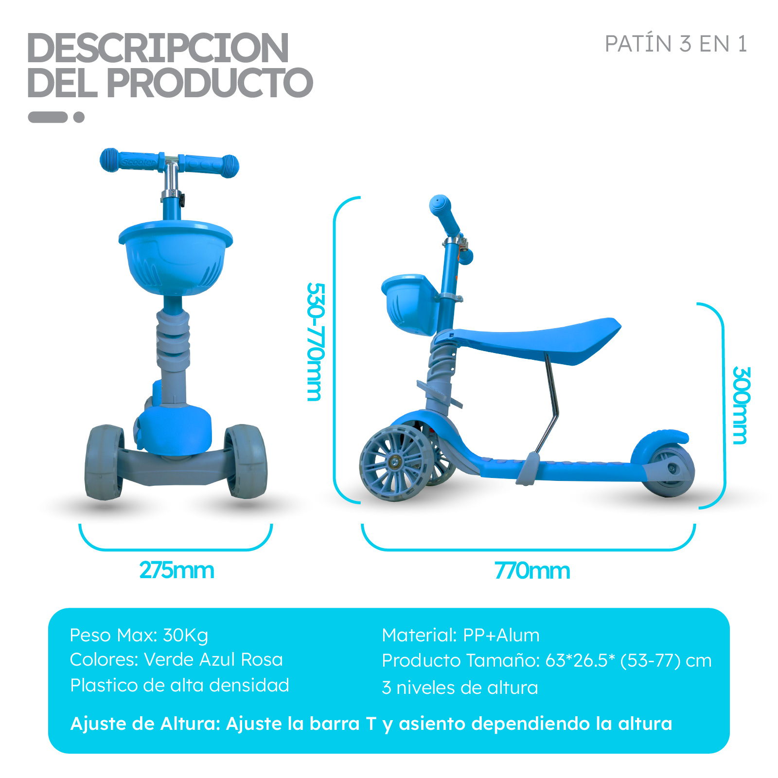 Scooter Patín Del Diablo 3 En 1 Para Niños Luces LED Color Azul