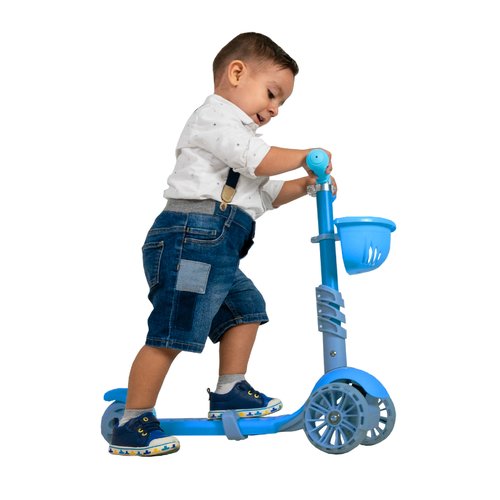 Patinete infantil de 3 ruedas con LED plegable para niño y niña, color azul