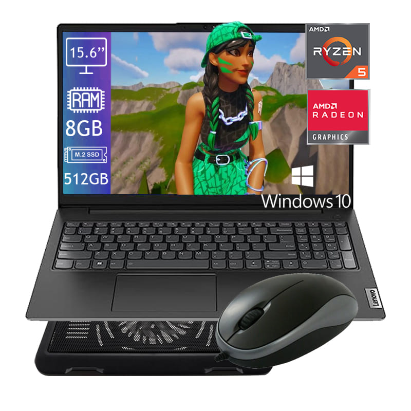 Laptop Lenovo V15 G3 Ryzen 5 Disco SSD 512GB Ram 8GB Pantalla 15.6'' Windows 10 -Negro + Base Enfriadora + Mouse