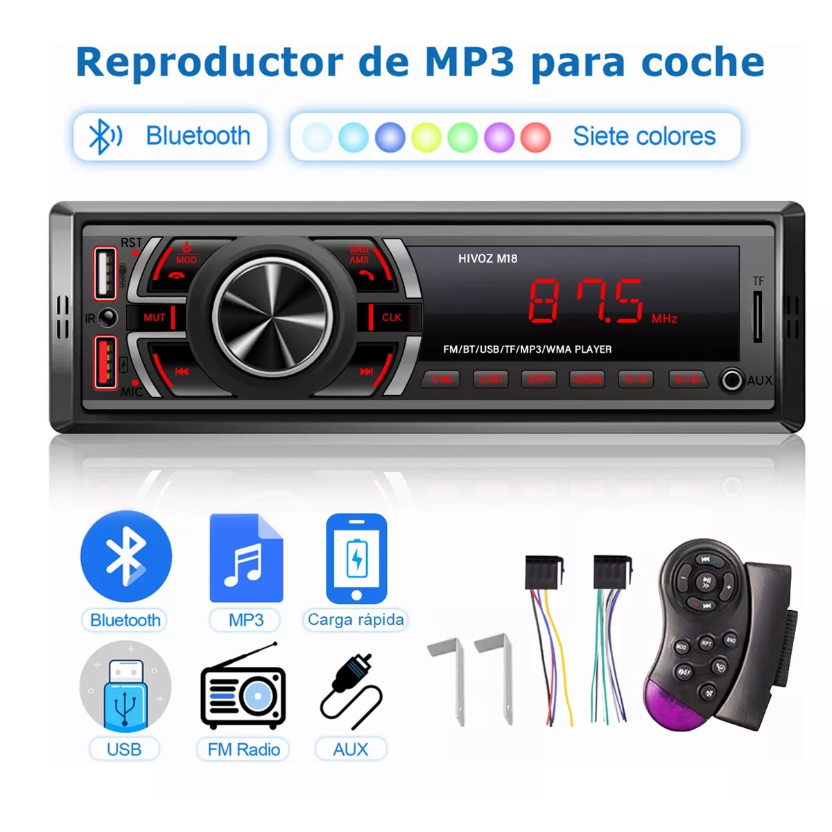 Radio de coche Bluetooth de 12 V, reproductor de MP3, soporte de audio  estéreo para vehículo, FM, USB, SD, AUX, con control remoto
