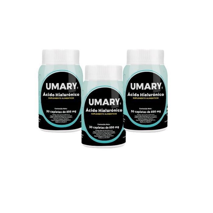 3 Frascos Acido Hialuronico Umary con 30 capletas con 850mg c/u.