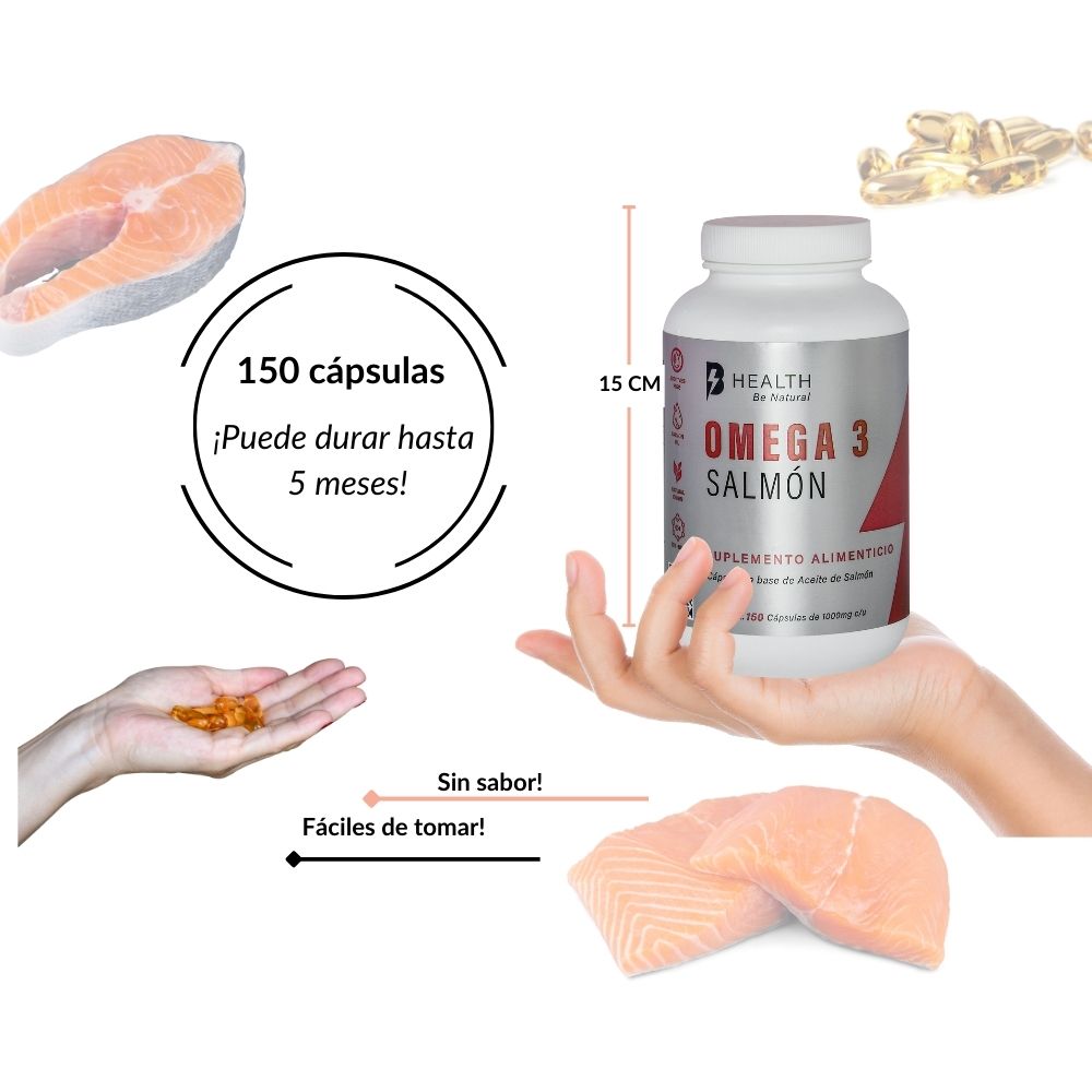 Omega 3 Aceite de Salmón con DHA y EPA, B Health Be Natural, 150 cápsulas, Ingredientes de Origen Natural, sin azúcares, NON-GMO