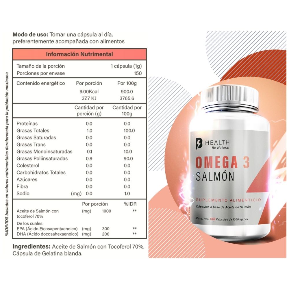 Omega 3 Aceite de Salmón con DHA y EPA, B Health Be Natural, 150 cápsulas, Ingredientes de Origen Natural, sin azúcares, NON-GMO