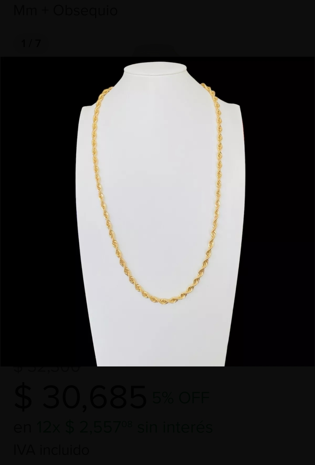 Cadena Torzal En Oro 14k 65 Cm Por 6 Mm + Obsequio