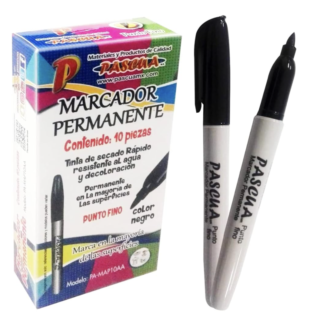 PASCUA MARCADOR PERMANENTE PUNTO FINO NEGRO, CAJA CON 10 PIEZAS