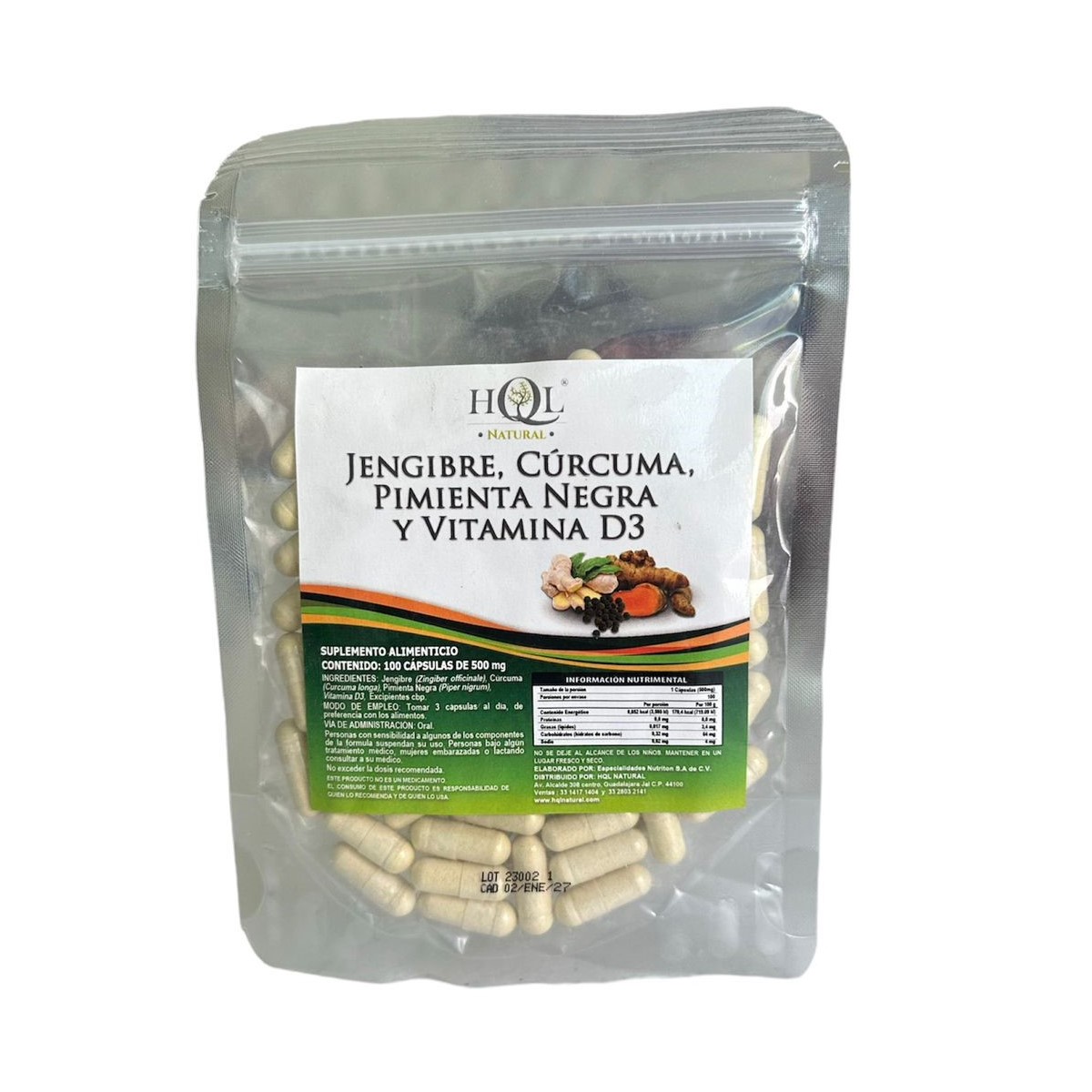Jengibre, Cúrcuma, Pimienta negra y Vitamina D3 HQL  100 caps de 500mg