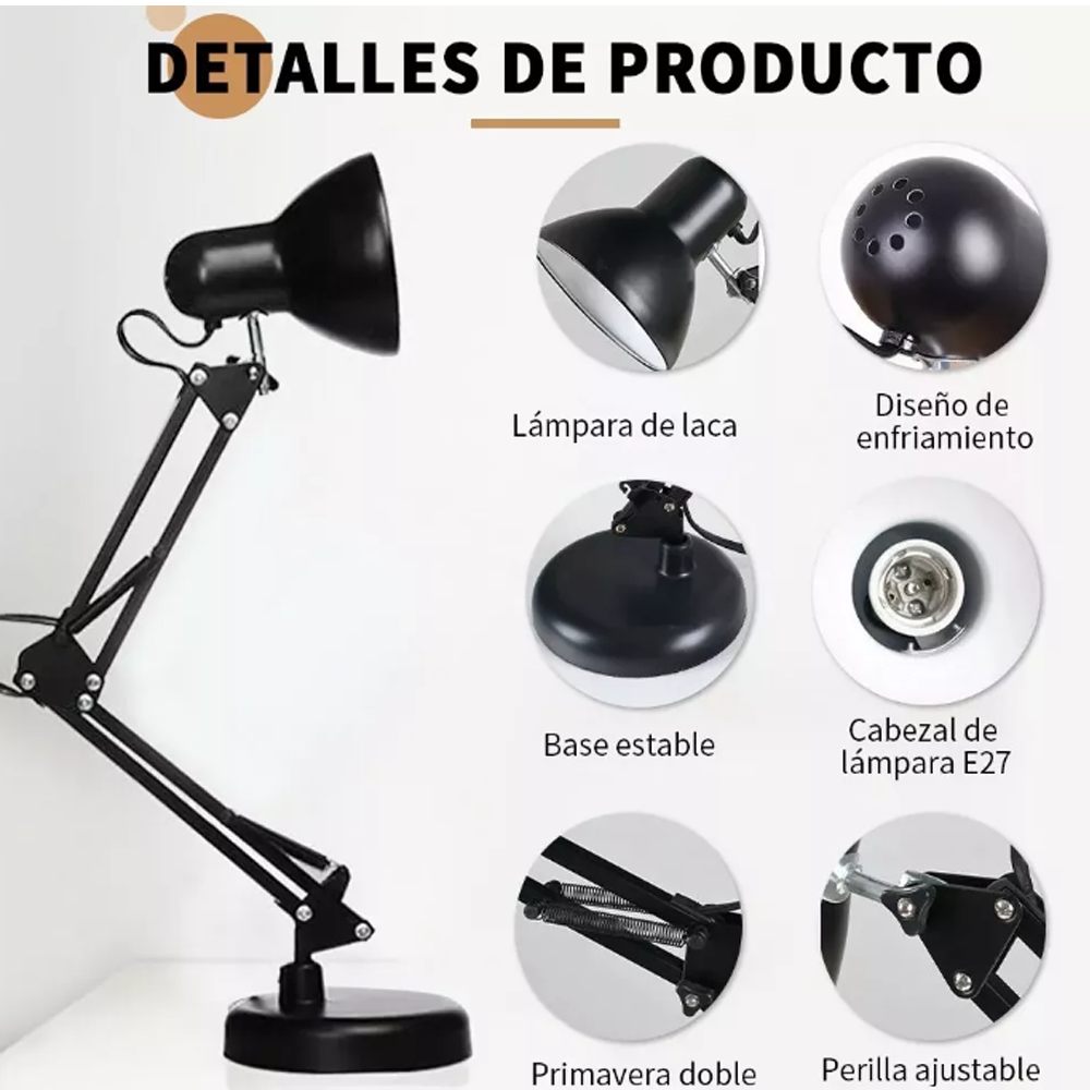 Lámpara De Escritorio Extensible De Metal Con Base Y Clip