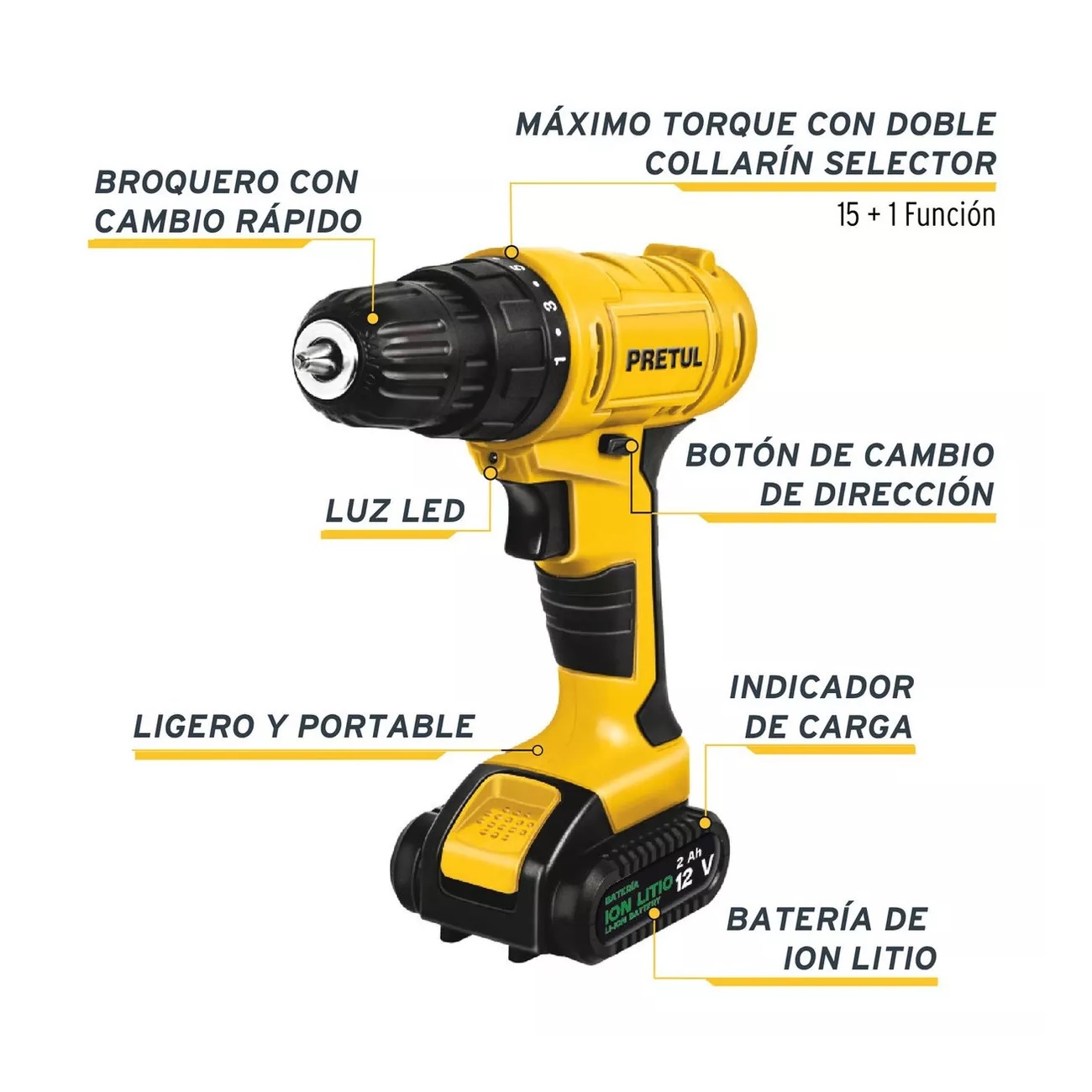 Taladro Atornillador Inalámbrico Marca Pretul 29975 TALI-12P, Broquero 3/8", 12V 