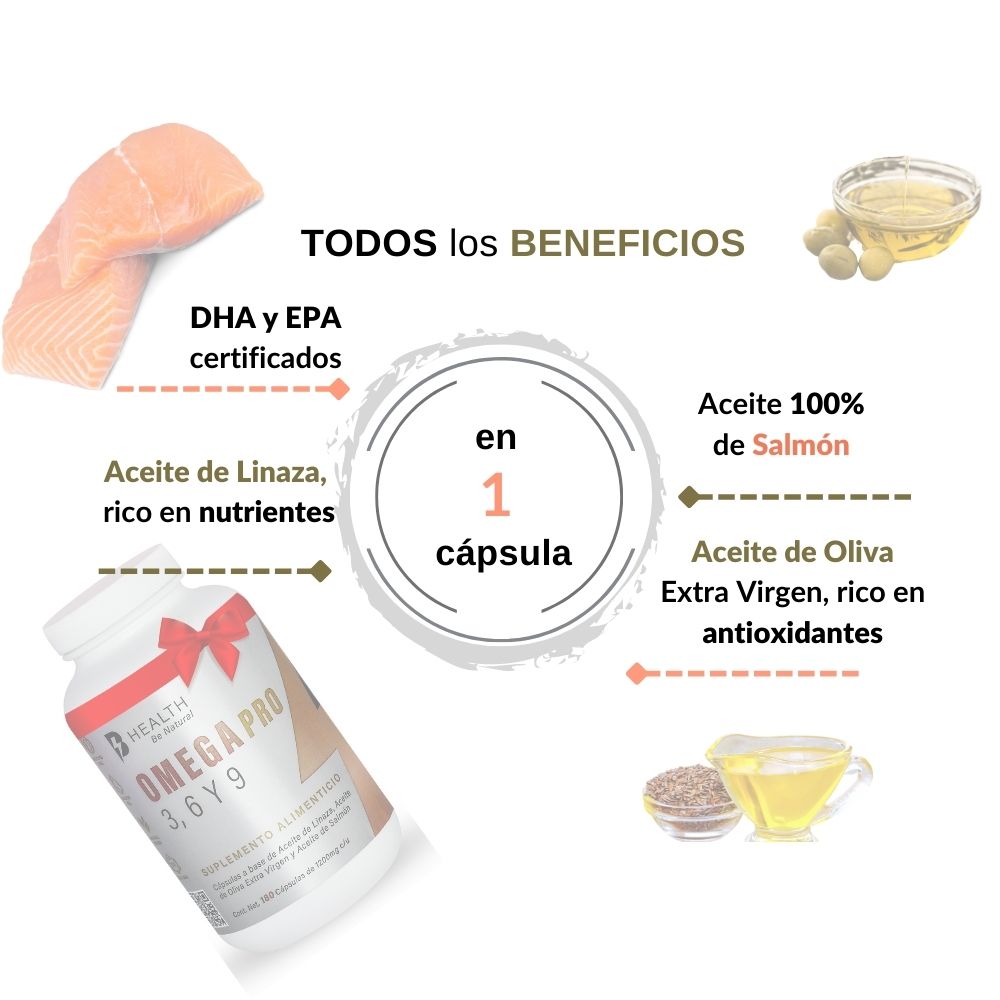 Omega Pro 3 6 y 9, Aceite de salmón, Aceite de linaza y Aceite de oliva Extra virgen, B Health Be Natural, 180 cápsulas