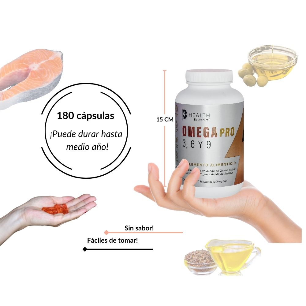 Omega Pro 3 6 y 9, Aceite de salmón, Aceite de linaza y Aceite de oliva Extra virgen, B Health Be Natural, 180 cápsulas