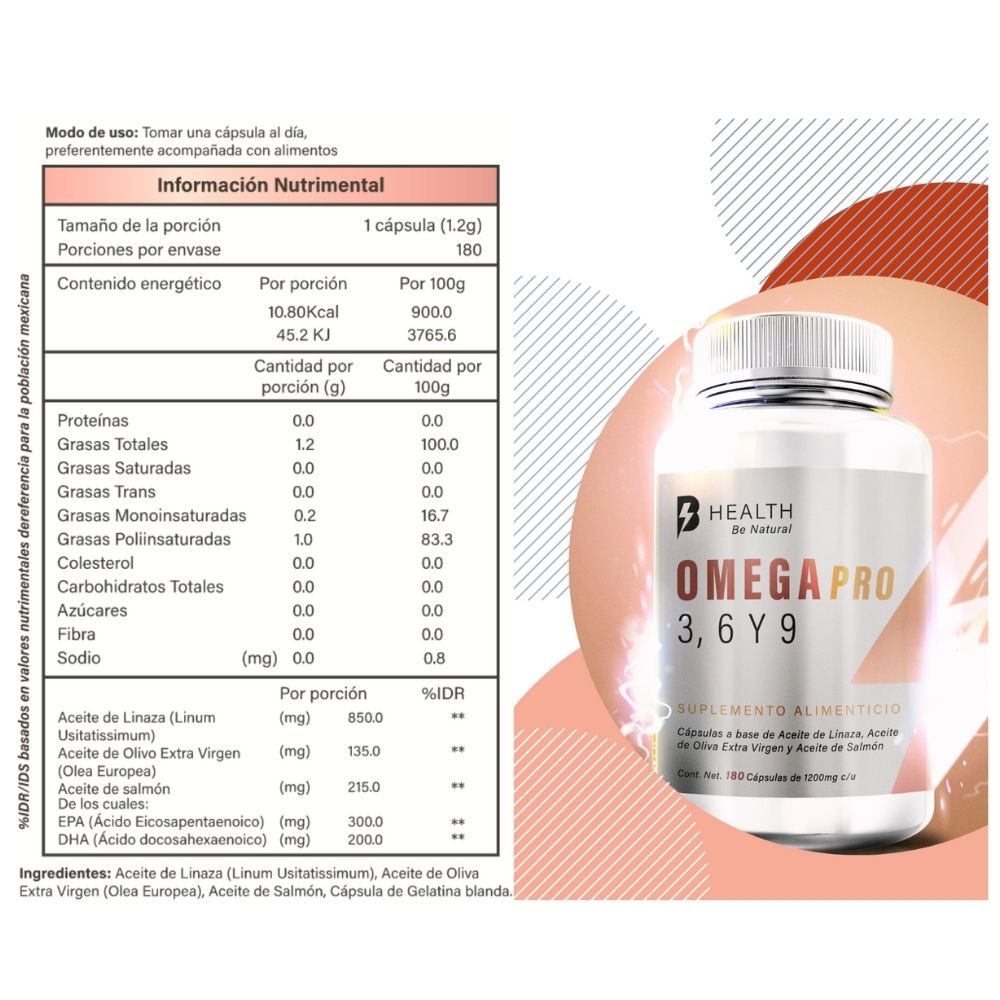 Omega Pro 3 6 y 9, Aceite de salmón, Aceite de linaza y Aceite de oliva Extra virgen, B Health Be Natural, 180 cápsulas