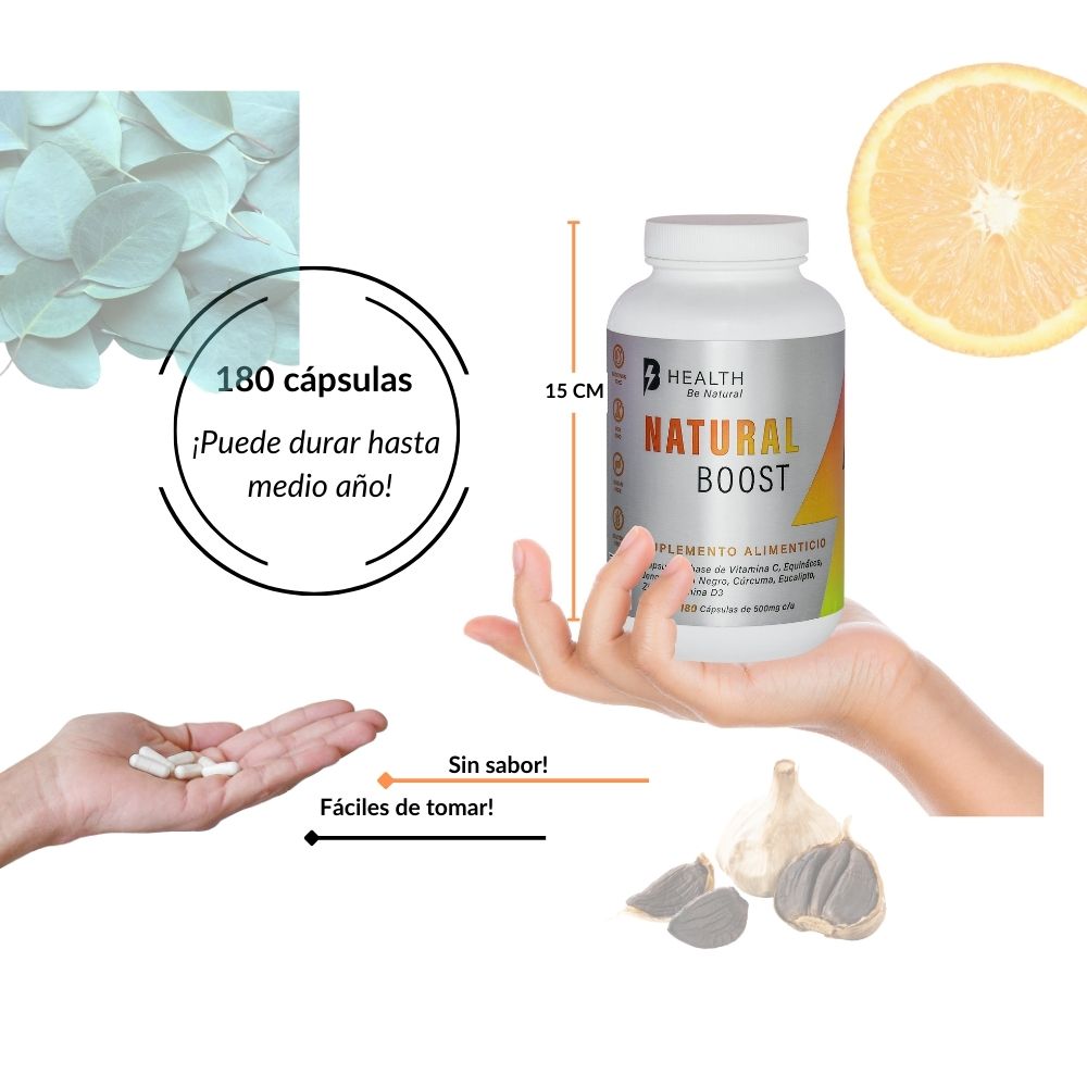 Natural Boost: Vitamina C, Zinc, Vitamina D3, Jengibre, Ajo negro, Cúrcuma, Eucalipto y Equinácea, B Health Be Natural, Origen 100% NATURAL, sin azúcares, Keto, 180 cápsulas.
