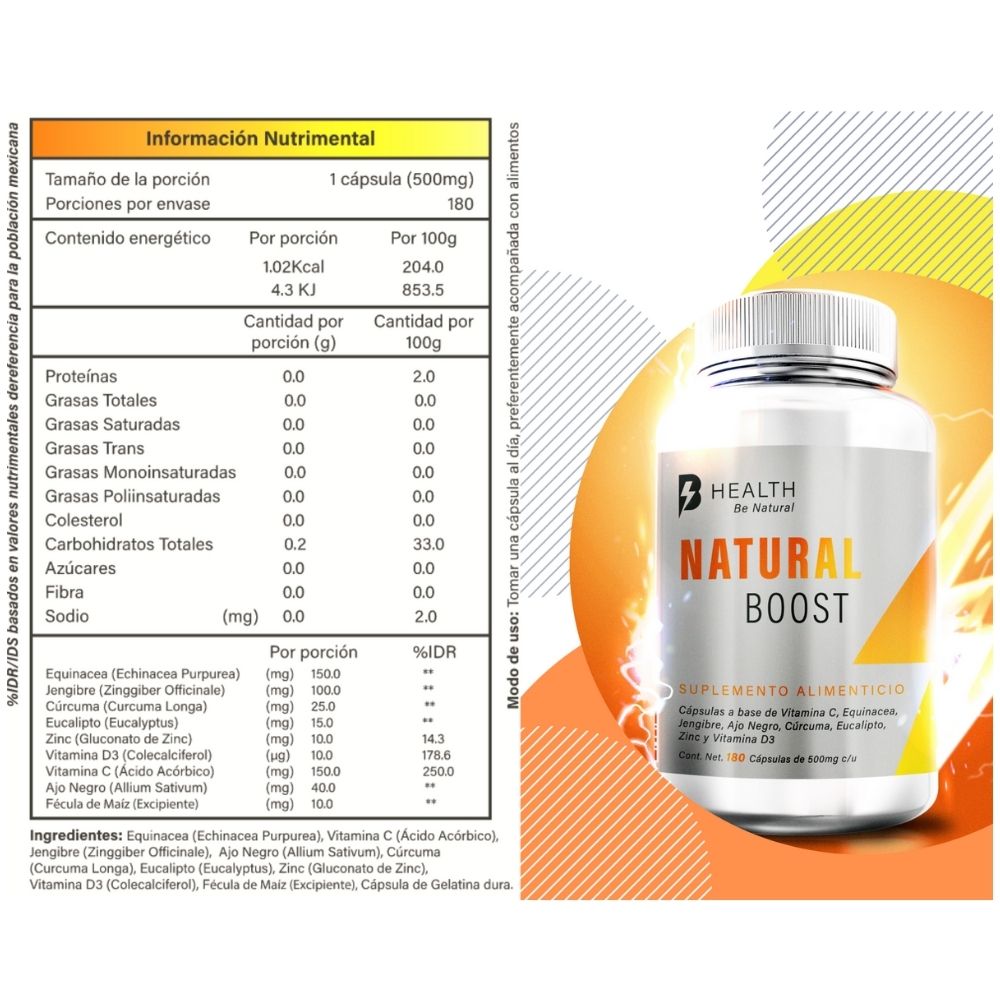 Natural Boost: Vitamina C, Zinc, Vitamina D3, Jengibre, Ajo negro, Cúrcuma, Eucalipto y Equinácea, B Health Be Natural, Origen 100% NATURAL, sin azúcares, Keto, 180 cápsulas.
