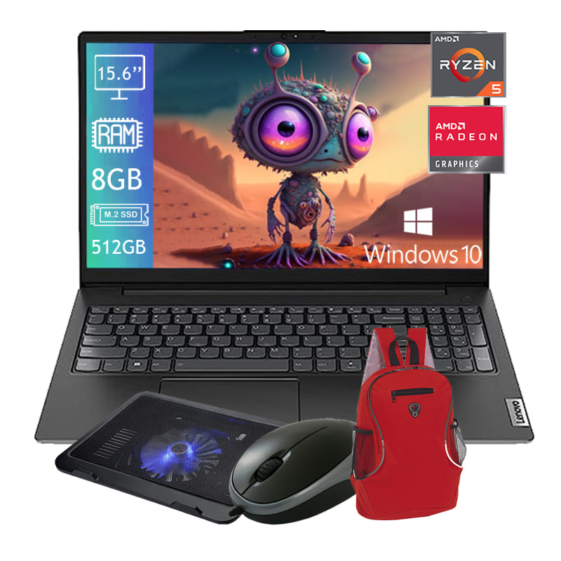 Laptop Lenovo V15 G3 Ryzen 5 Disco SSD 512GB Ram 8GB Pantalla 15.6'' Windows 10 -Negro + Mochila + Base + Mouse