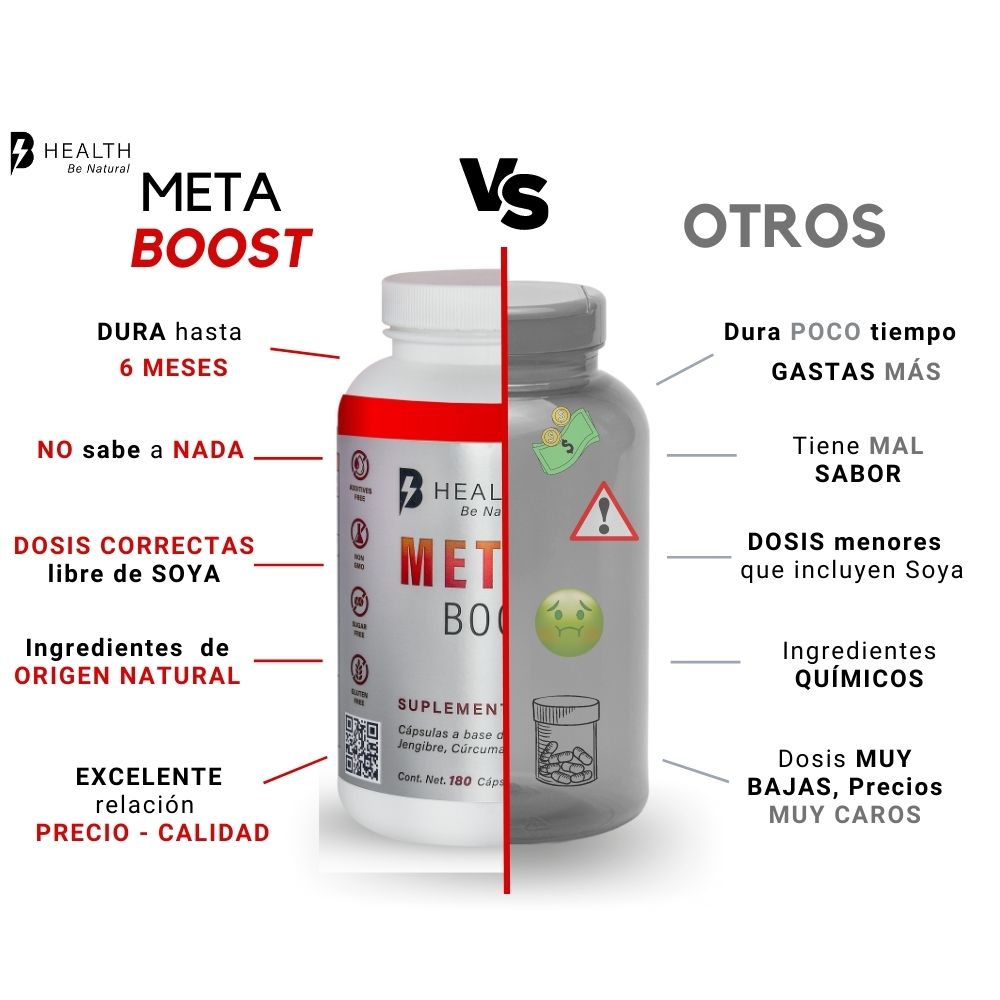 META Boost vinagre de manzana, jengibre, cúrcuma, canela y cromo, B Health Be Natural, ORIGEN 100% NATURAL, sin azúcares, Keto, 180 cápsulas.