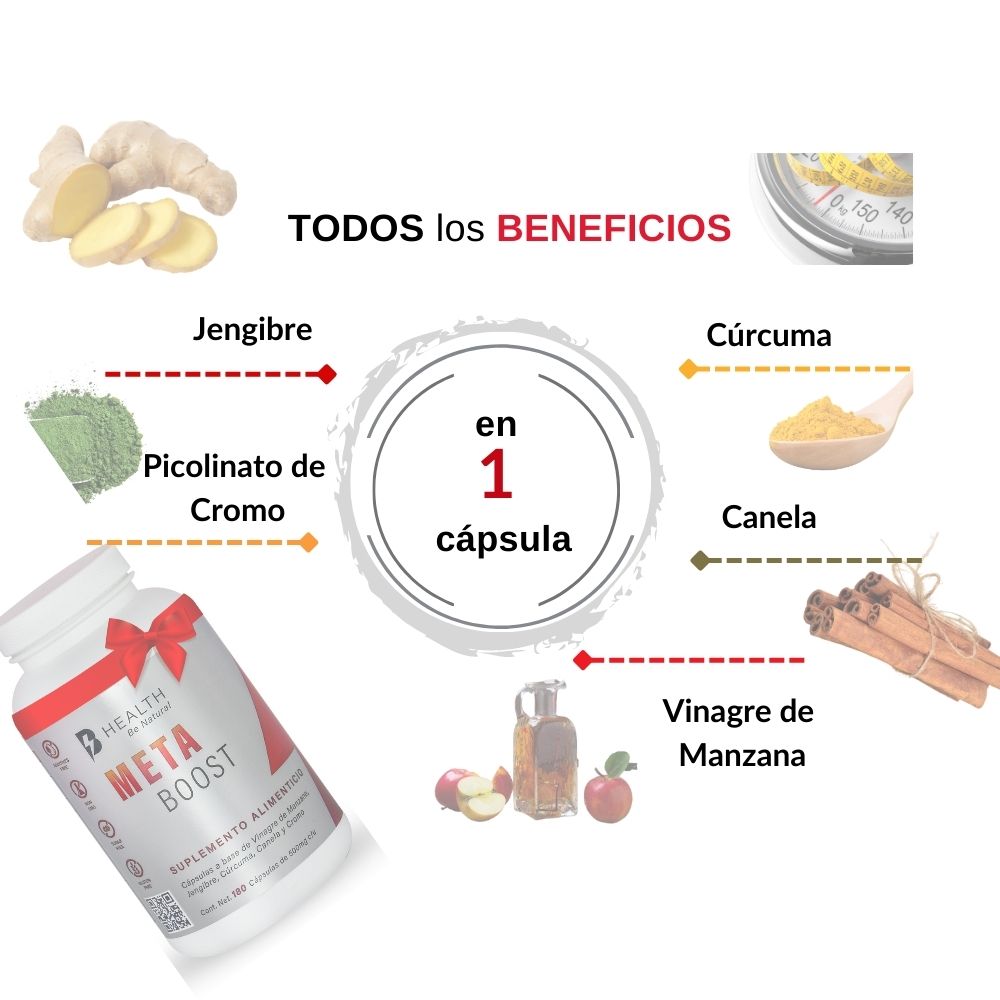 META Boost vinagre de manzana, jengibre, cúrcuma, canela y cromo, B Health Be Natural, ORIGEN 100% NATURAL, sin azúcares, Keto, 180 cápsulas.