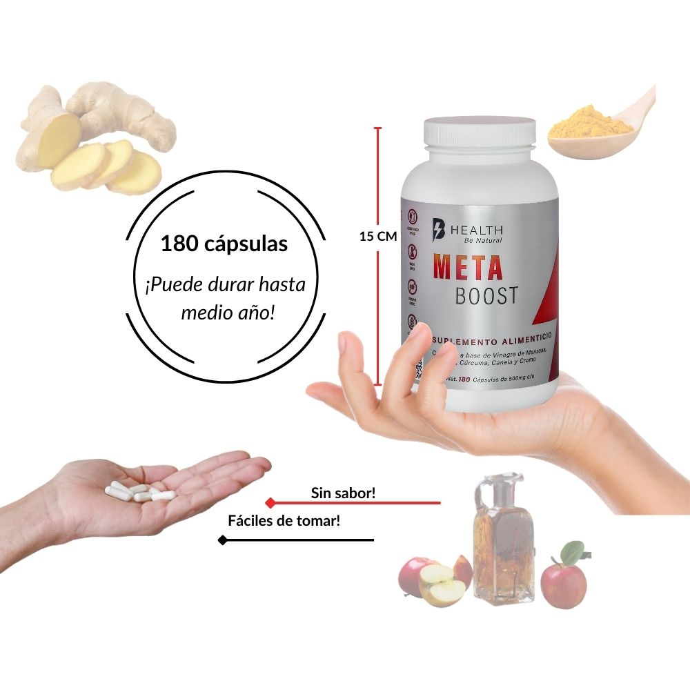 META Boost vinagre de manzana, jengibre, cúrcuma, canela y cromo, B Health Be Natural, ORIGEN 100% NATURAL, sin azúcares, Keto, 180 cápsulas.