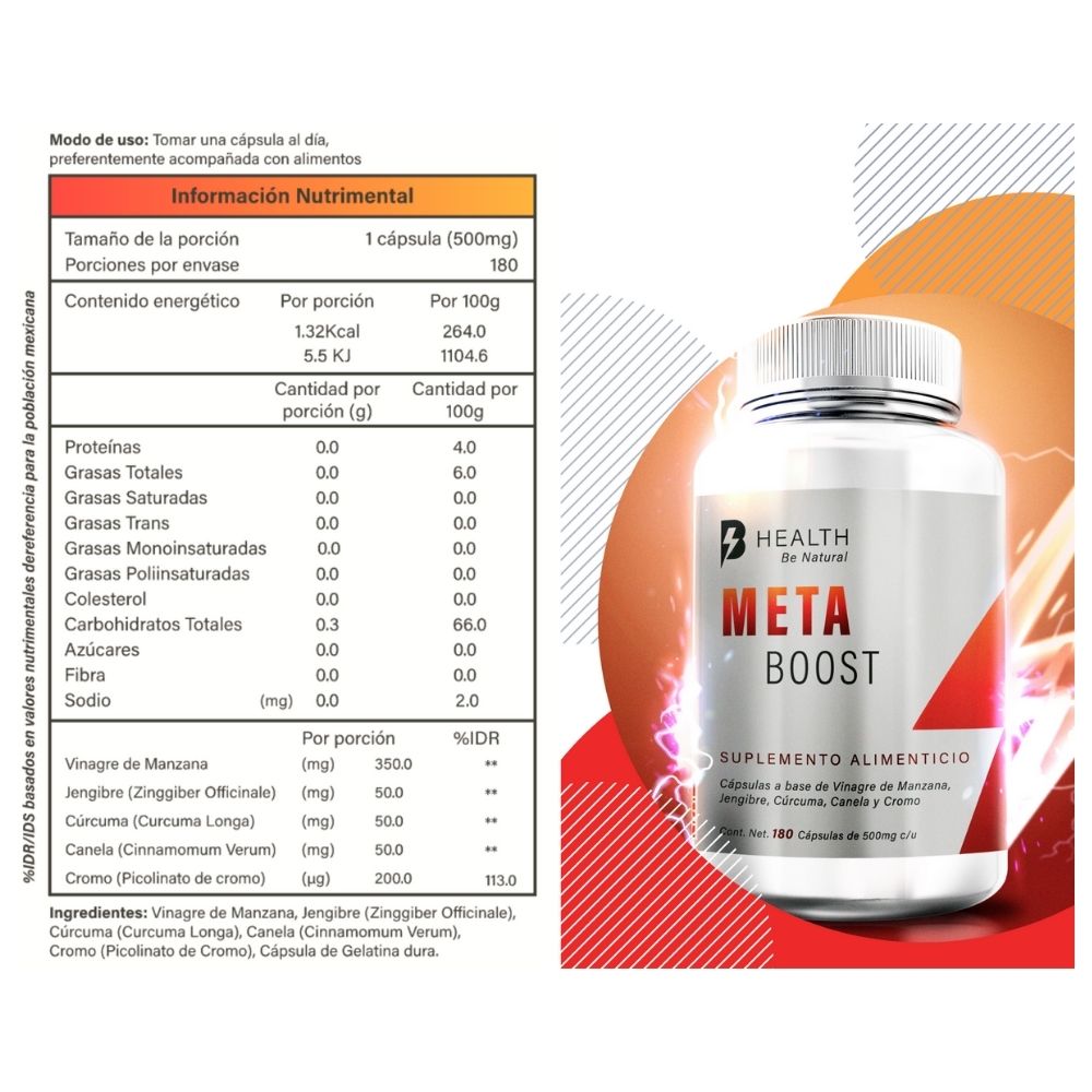 META Boost vinagre de manzana, jengibre, cúrcuma, canela y cromo, B Health Be Natural, ORIGEN 100% NATURAL, sin azúcares, Keto, 180 cápsulas.