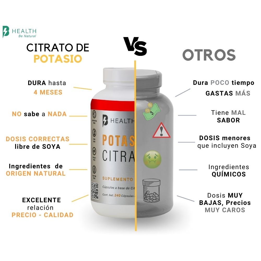 Citrato de potasio, 100% NATURAL, B Health Be Natural, Sin Azúcar, Keto -240 cápsulas de 500 mg c/u