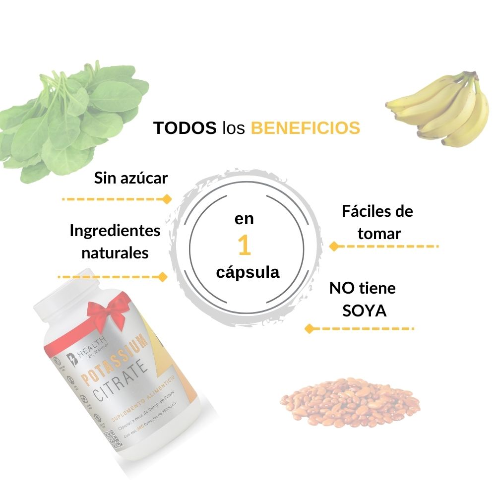 Citrato de potasio, 100% NATURAL, B Health Be Natural, Sin Azúcar, Keto -240 cápsulas de 500 mg c/u