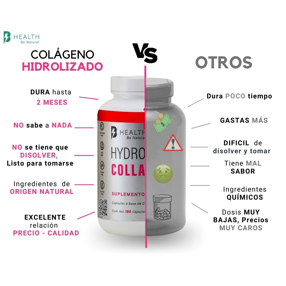 Colágeno hidrolizado con Ácido Hialurónico, Elastina y Vitamina C, Natural, B Health Be Natural, Keto, Sin azúcar -180 cápsulas de 500 mg c/u